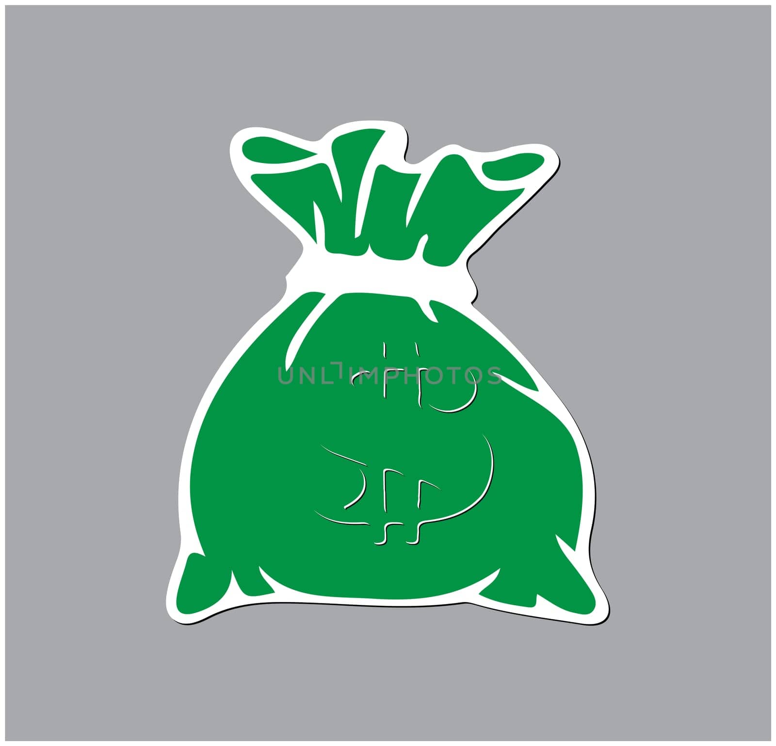 Green money bag icon with dollar sign on grey background. Vector illustration.