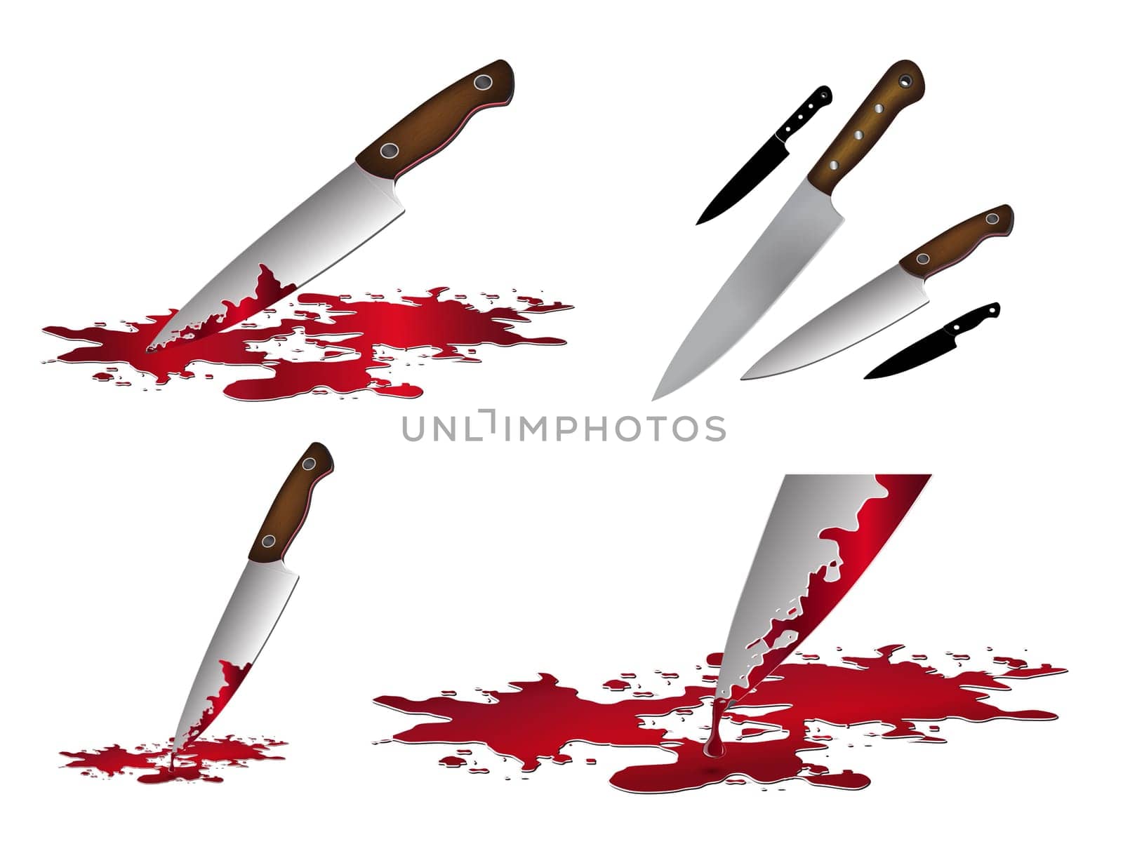 Realistic bloody knife. Knife with blood vector illustration set. Kitchen knife set isolated on white background.