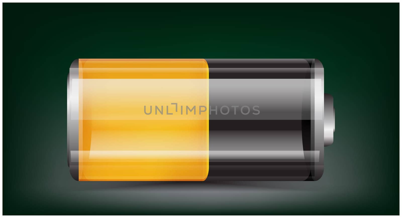 Vector transparent battery illustration. Half charged orange battery on dark background