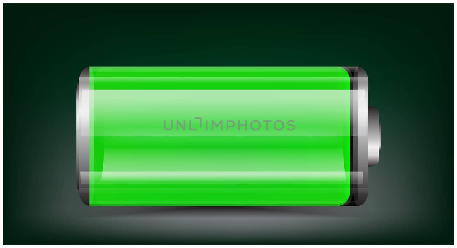Vector transparent battery illustration. Full green battery on dark background