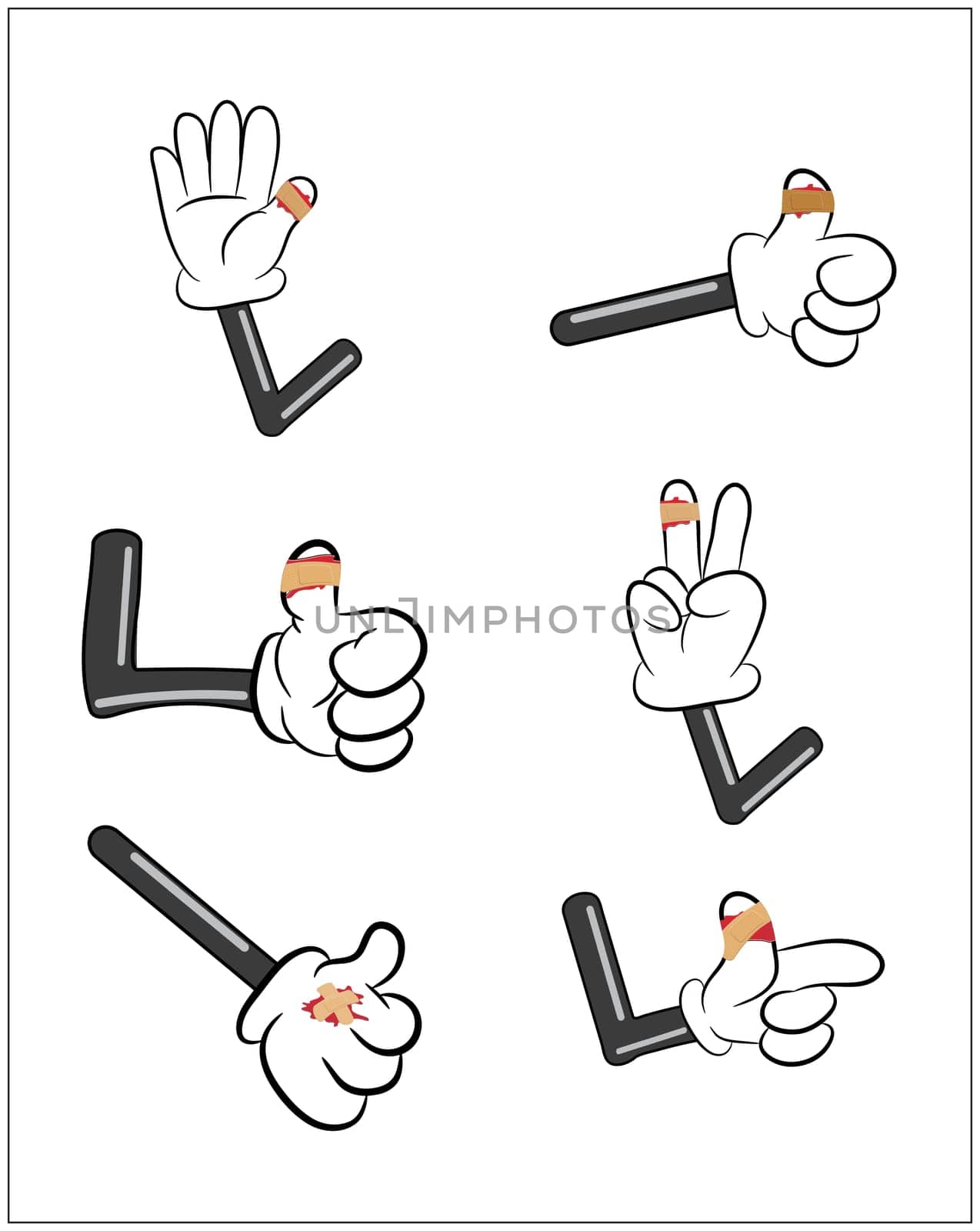 Set of Injured finger, hand wrapped in adhesive bandage, plaster  with red  blood puddle. Vector illustration isolated on white background.