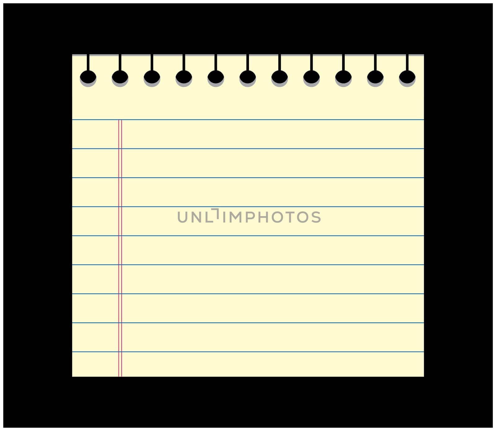 Image of empty school, office card out of the notebook, note. Cartoon illustration isolated on black background.