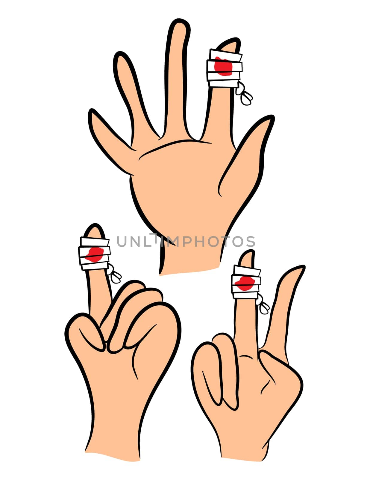 Set of Injured finger, hand wrapped in bandage  with red  blood puddle. Vector illustration isolated on white background.