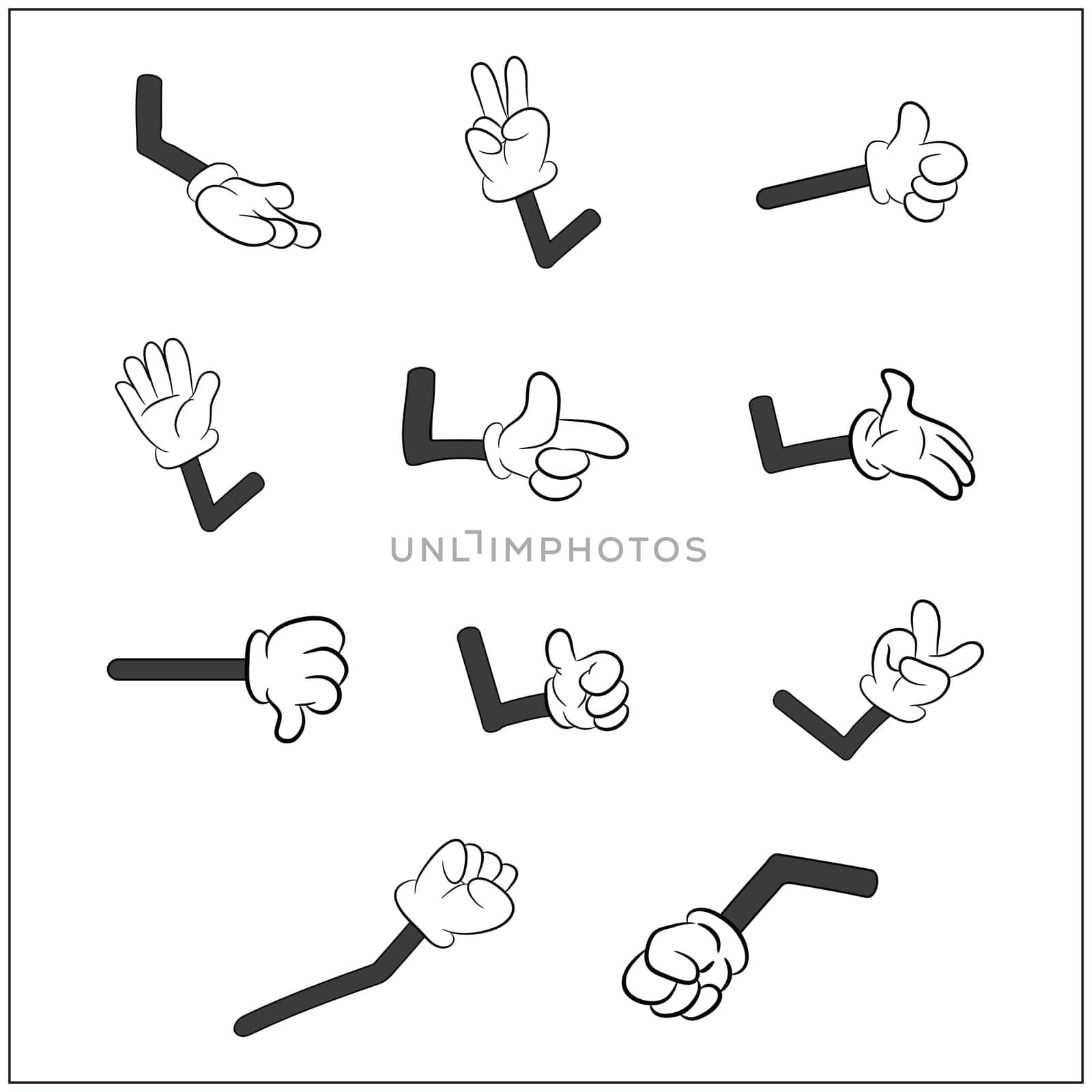 Image of cartoon human gloves hand with arm gesture set. Vector illustration isolated on white background.