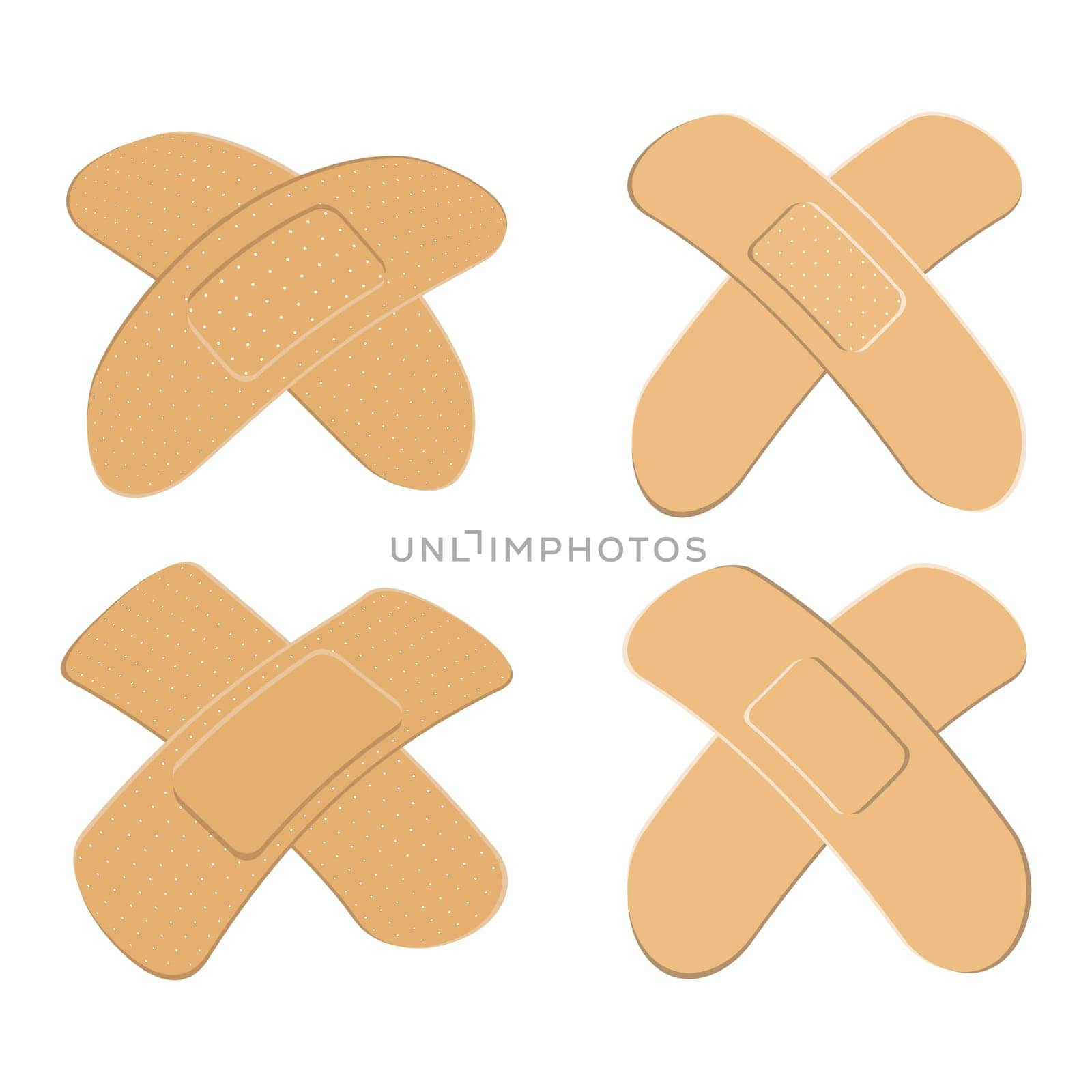 Set of Adhesive, flexible, fabric plaster . Medical bandage in different shape - curved cross. Vector illustration isolated on white background.