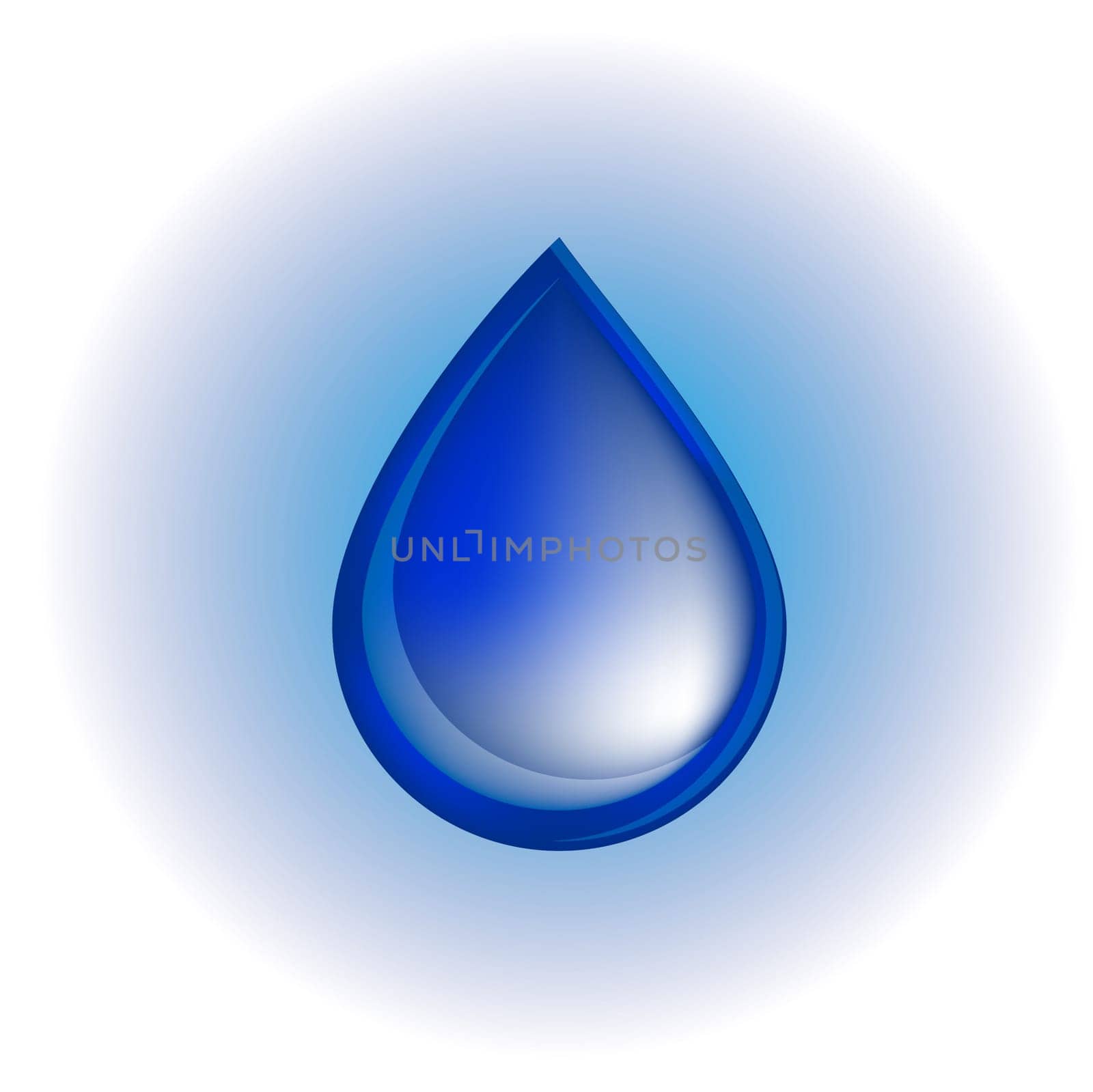 Blue realistic vector water drop on white and blue background.