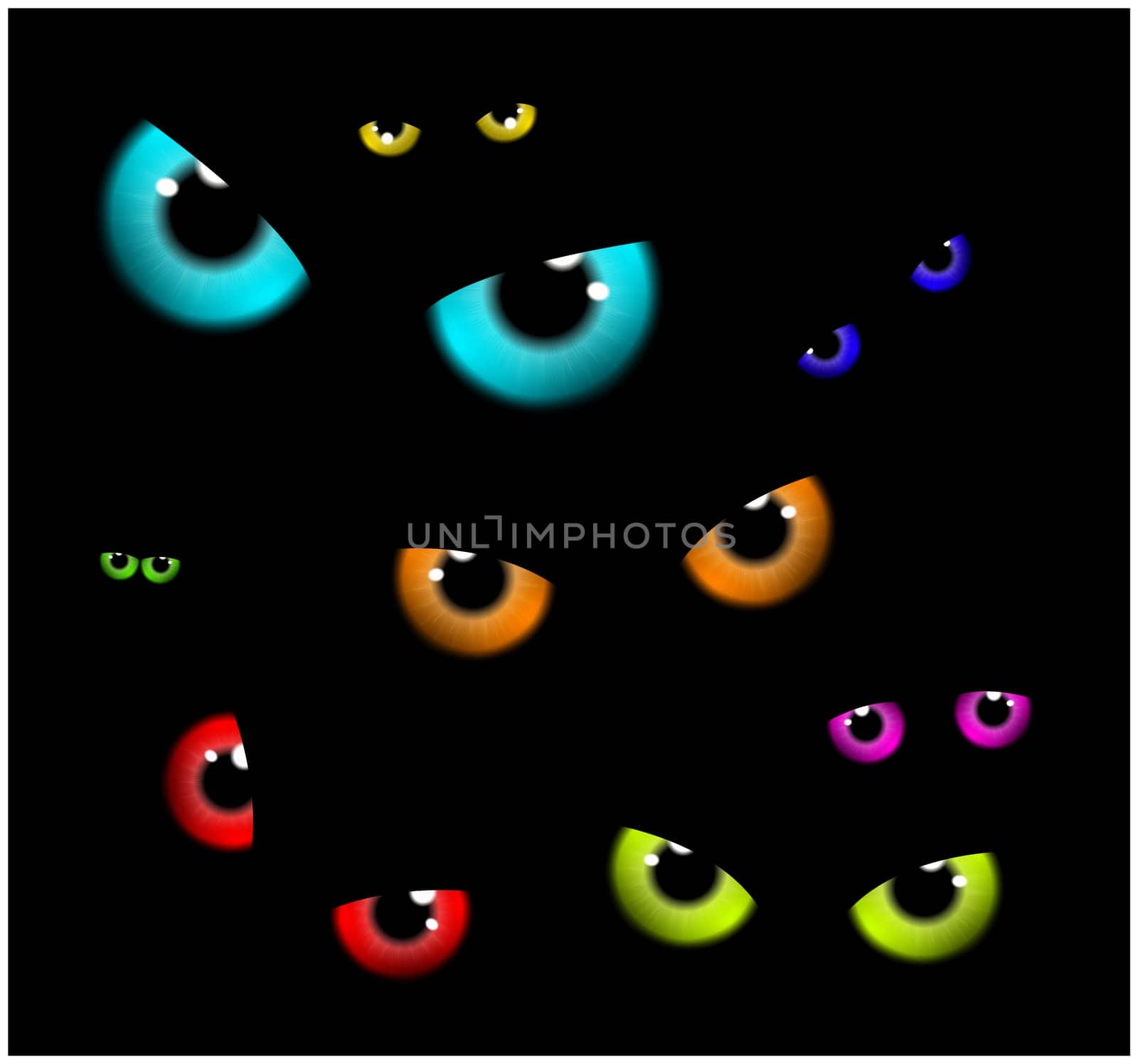 Image of Happy Halloween  spooky background Flat design. Vector illustration of invitation card with scary eyes, eyeballs, iris.