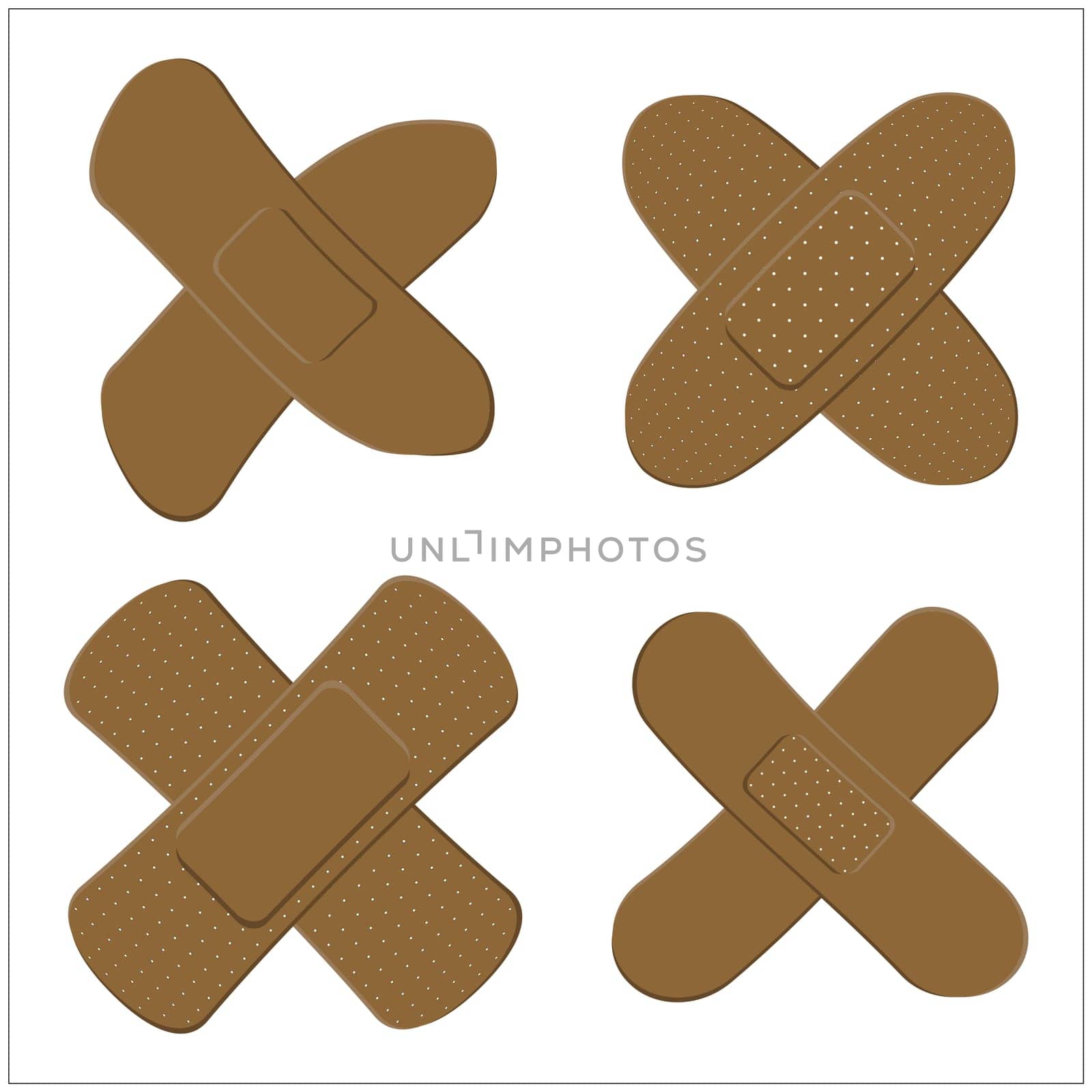 Set of Adhesive, flexible, fabric plaster for dark skin. Medical bandage in different shape - curved cross. Vector illustration isolated on white background.