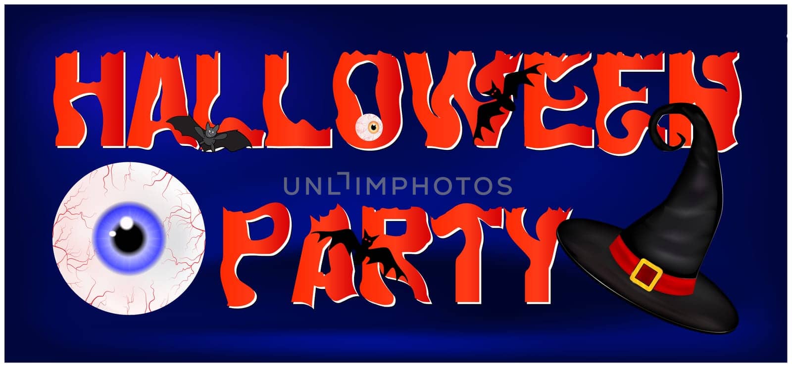 Image of Happy Halloween spooky background flat design with sign Halloween party. Vector illustration of invitation card with scary bloody eyeball in witch hat.