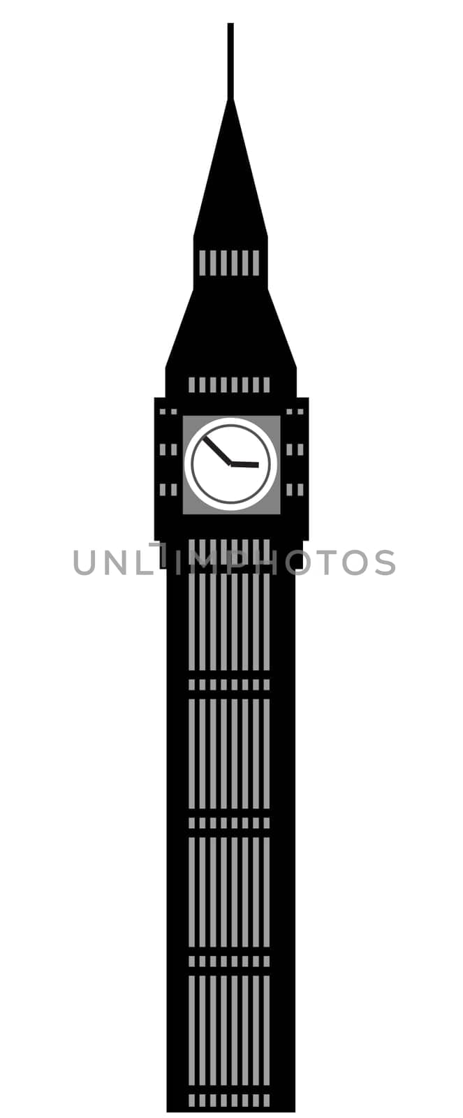 Image of cartoon Big Ben clock silhouette. Vector illustration isolated on white background.
