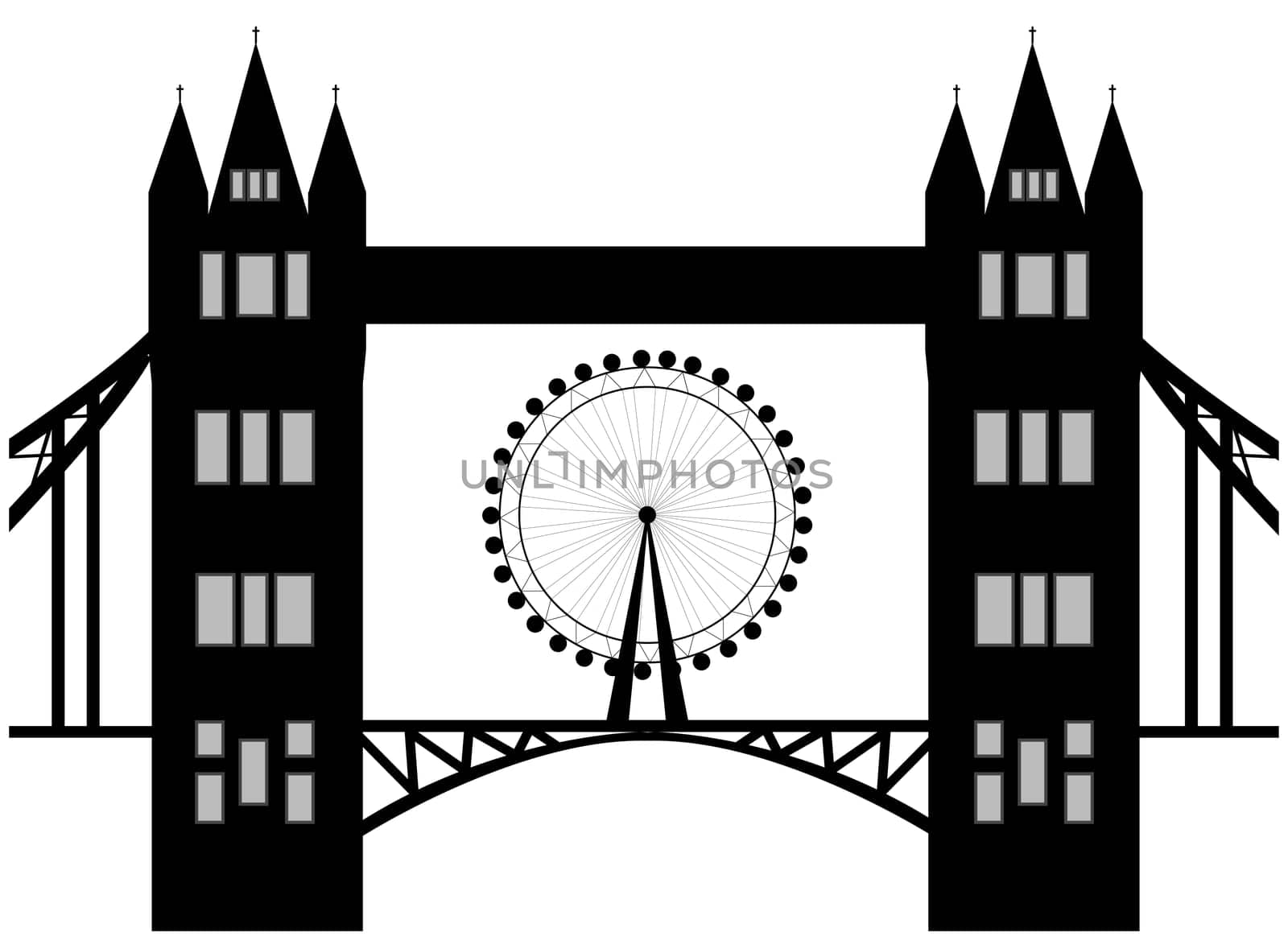 Image of cartoon Tower bridge and london eye  silhouette. Vector illustration isolated on white background.