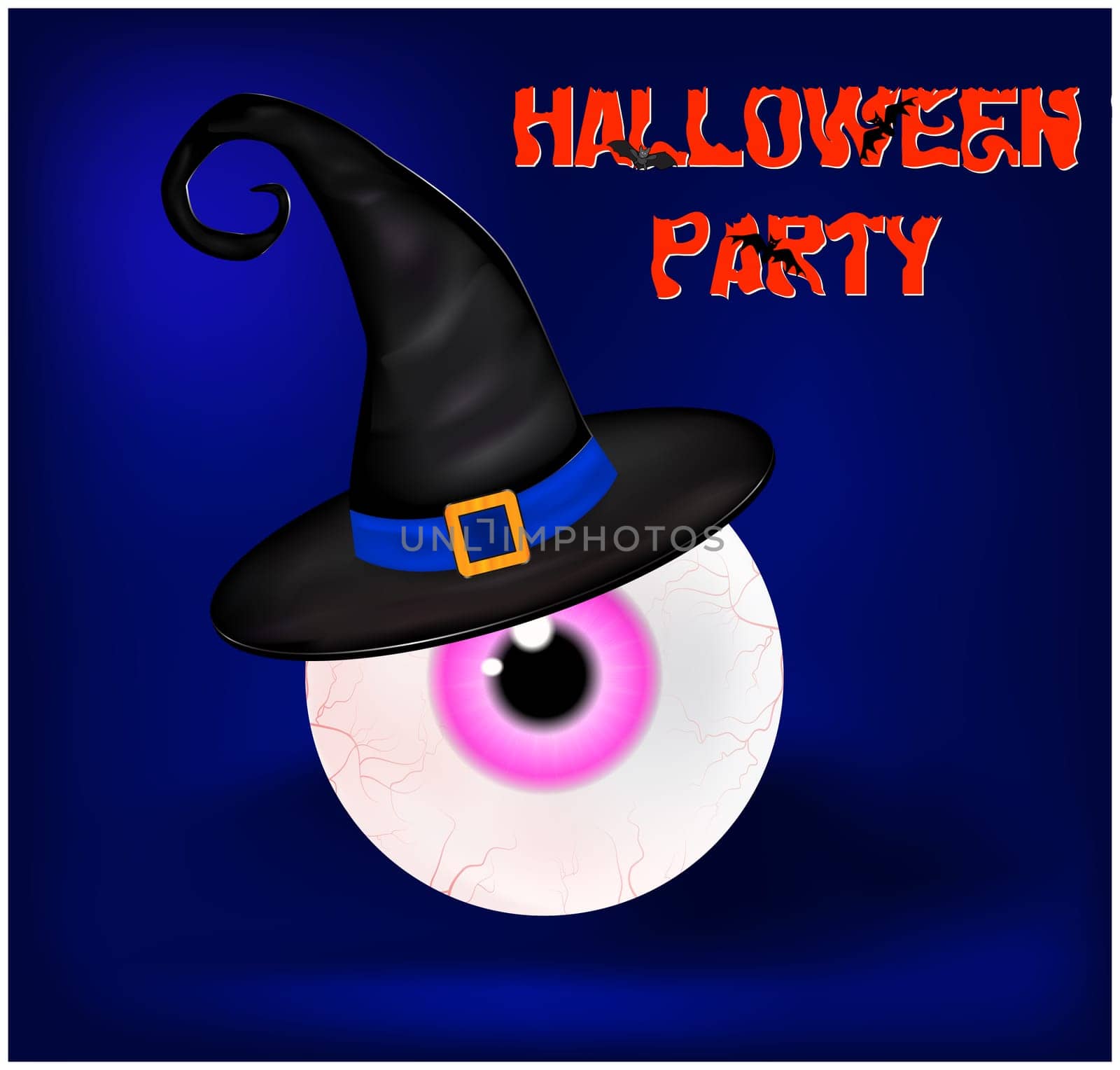 Image of Happy Halloween spooky background flat design with sign Halloween party. Vector illustration of invitation card with scary bloody eyeball in witch hat.