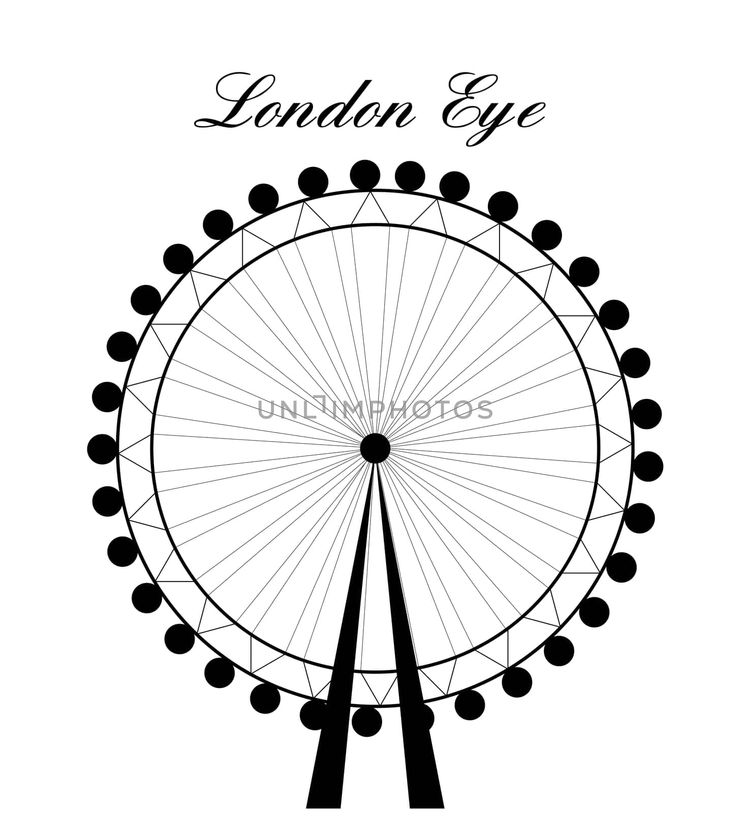 Image of cartoon London Eye silhouette with sign.Vector illustration isolated on white background.