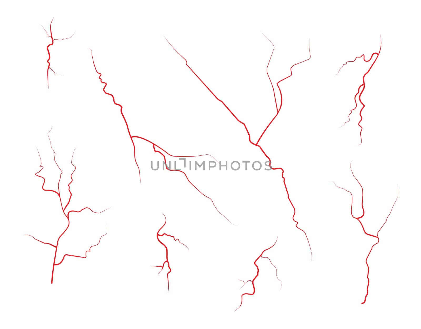 Set of human eye veins, red blood vessels, blood system.  Vector illustration isolated on white background