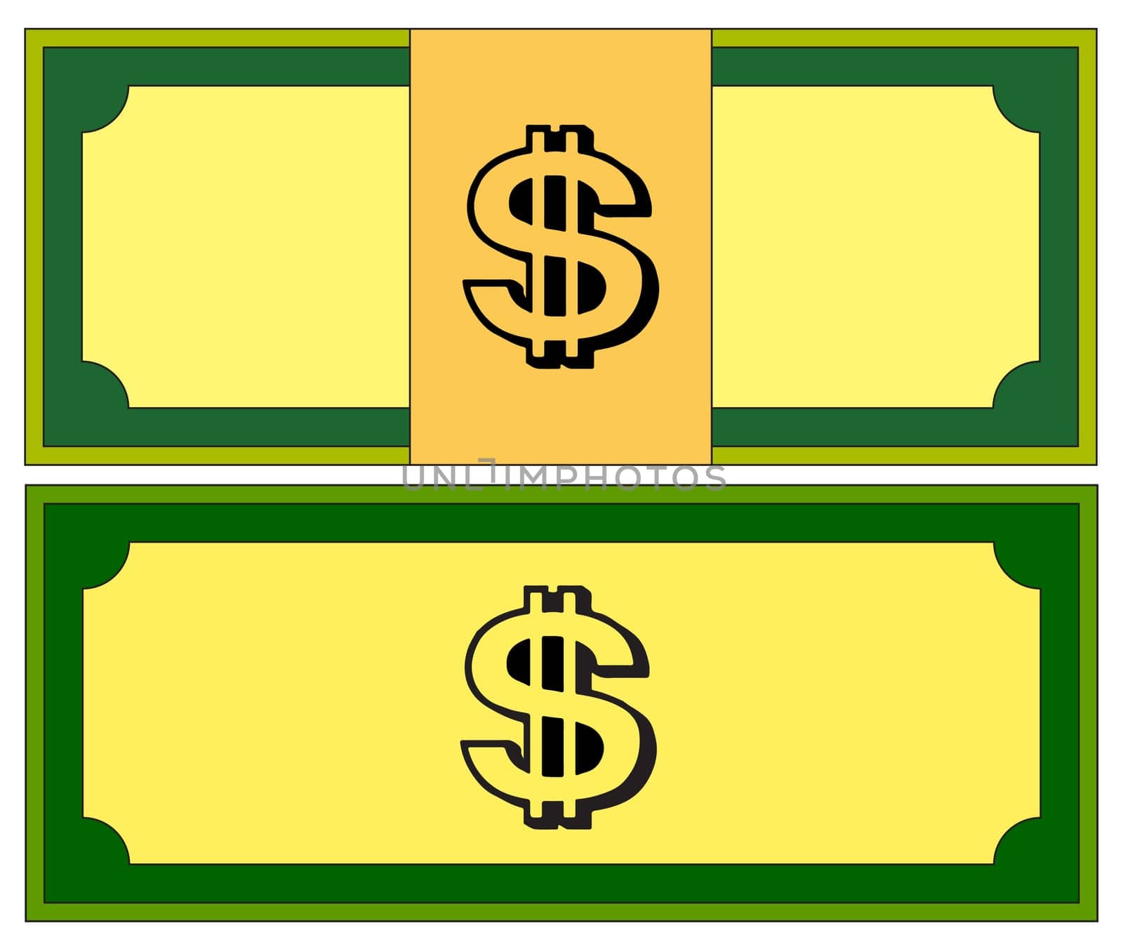 Cartoon money, dollar banknote, paper bill. Vector illustration isolated on white background