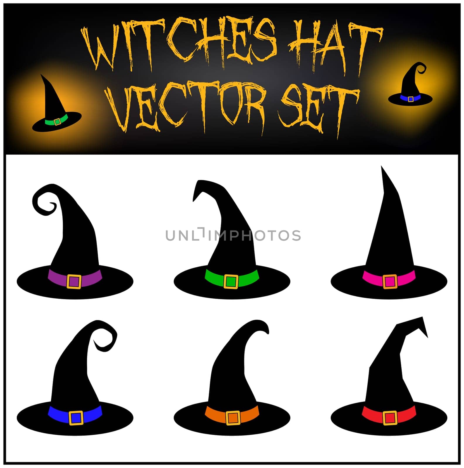 Vector set of Halloween witches hat silhouette. Illustration isolated on white background