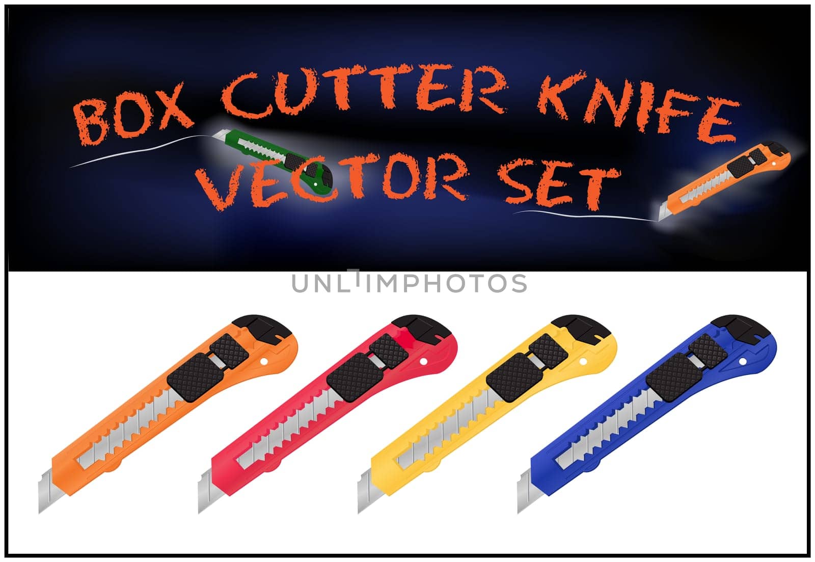 Vector illustration of realistic box cutter knife set isolated on white background