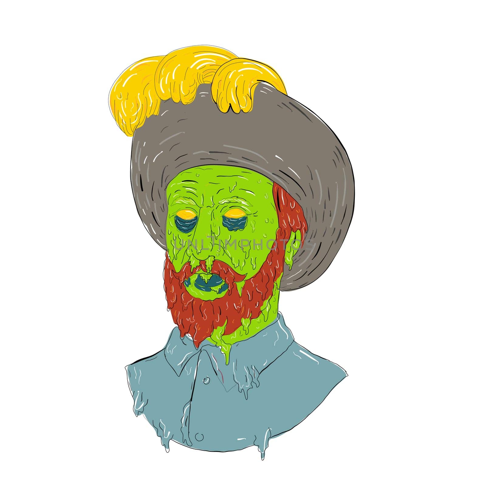 Grime art style illustration of a Spanish European Marquis Conquistador nobleman head on isolated background.