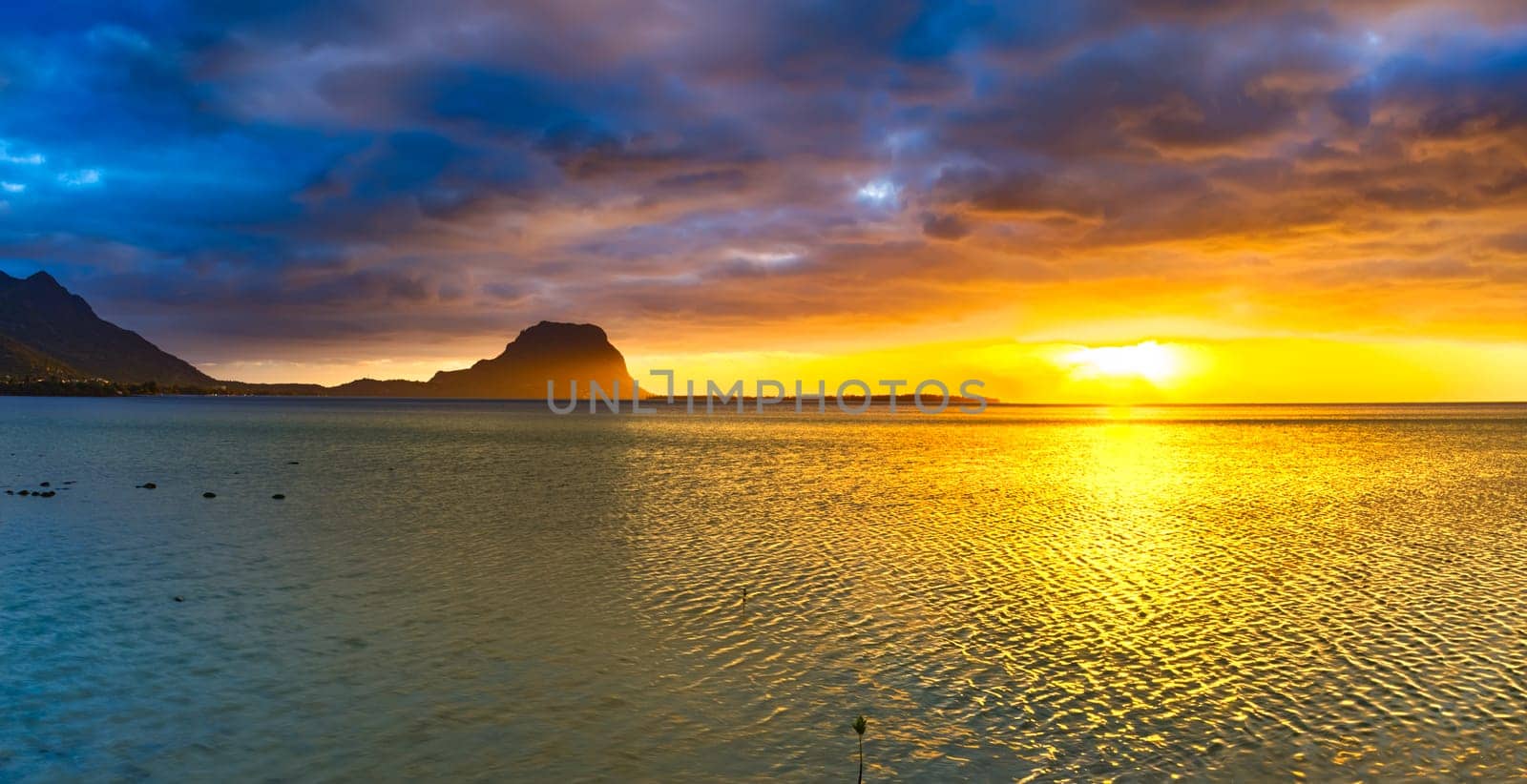 Amazing view of Le Morne Brabant at sunset. Mauritius island. Panorama