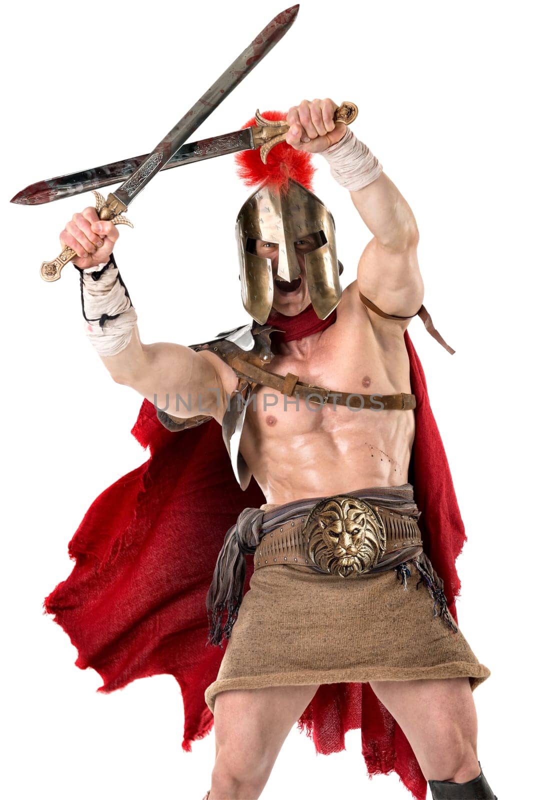 Ancient warrior or Gladiator posing over a white background