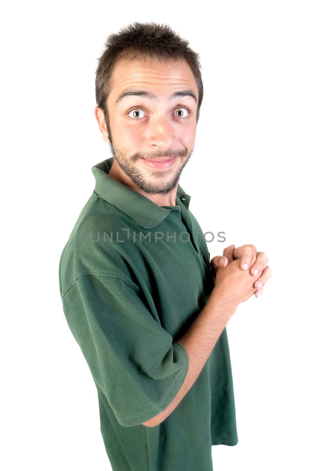 Happy young man making funny faces isolated in white