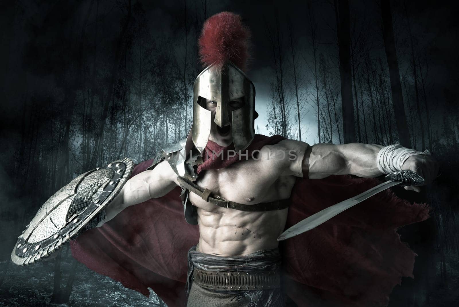 Ancient warrior or Gladiator ready to battle in a dark forest