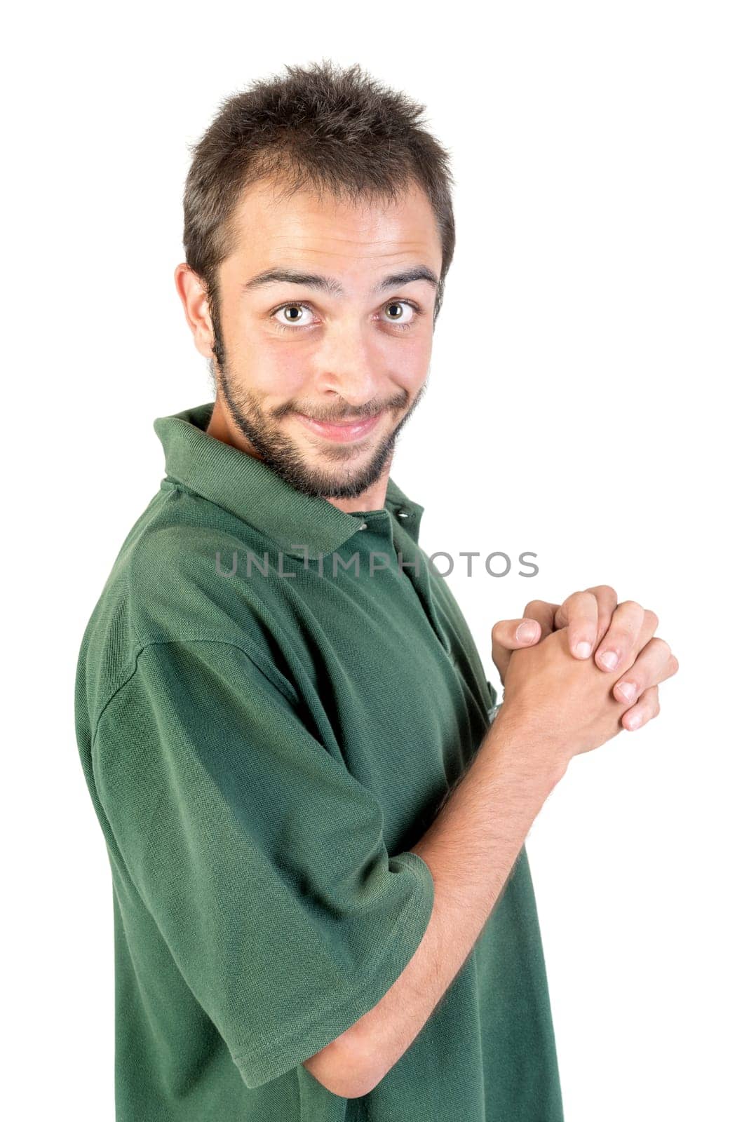 Happy young man making funny faces isolated in white