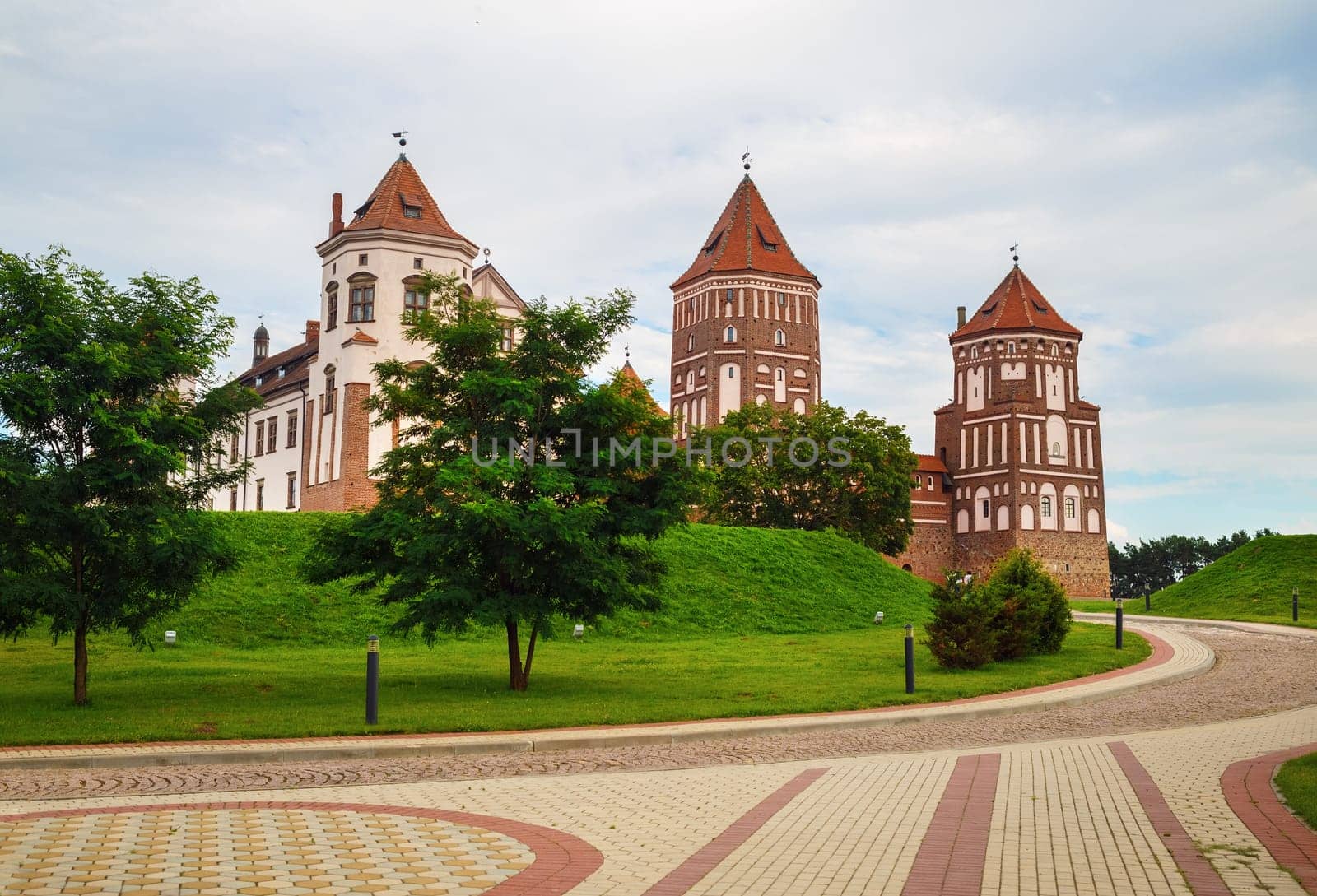 Ancient medieval castle with towers in Mir, Belarus. UNESCO World Heritage