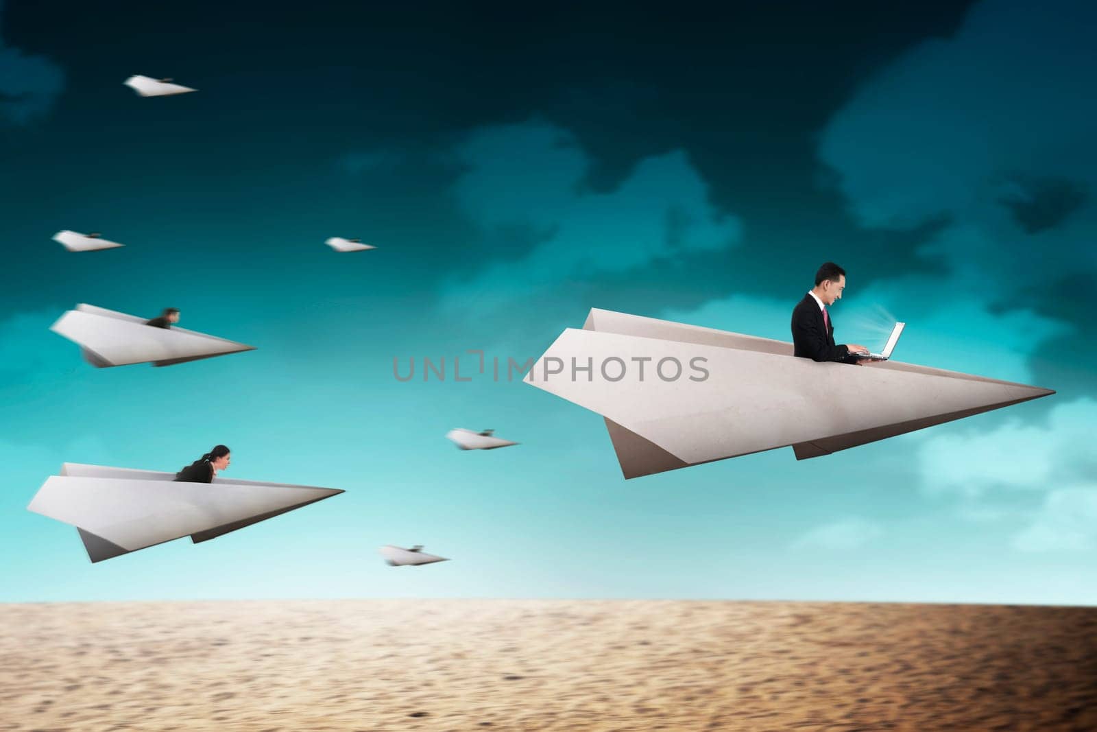 Business people race with paper plane going for better career. Business career concept