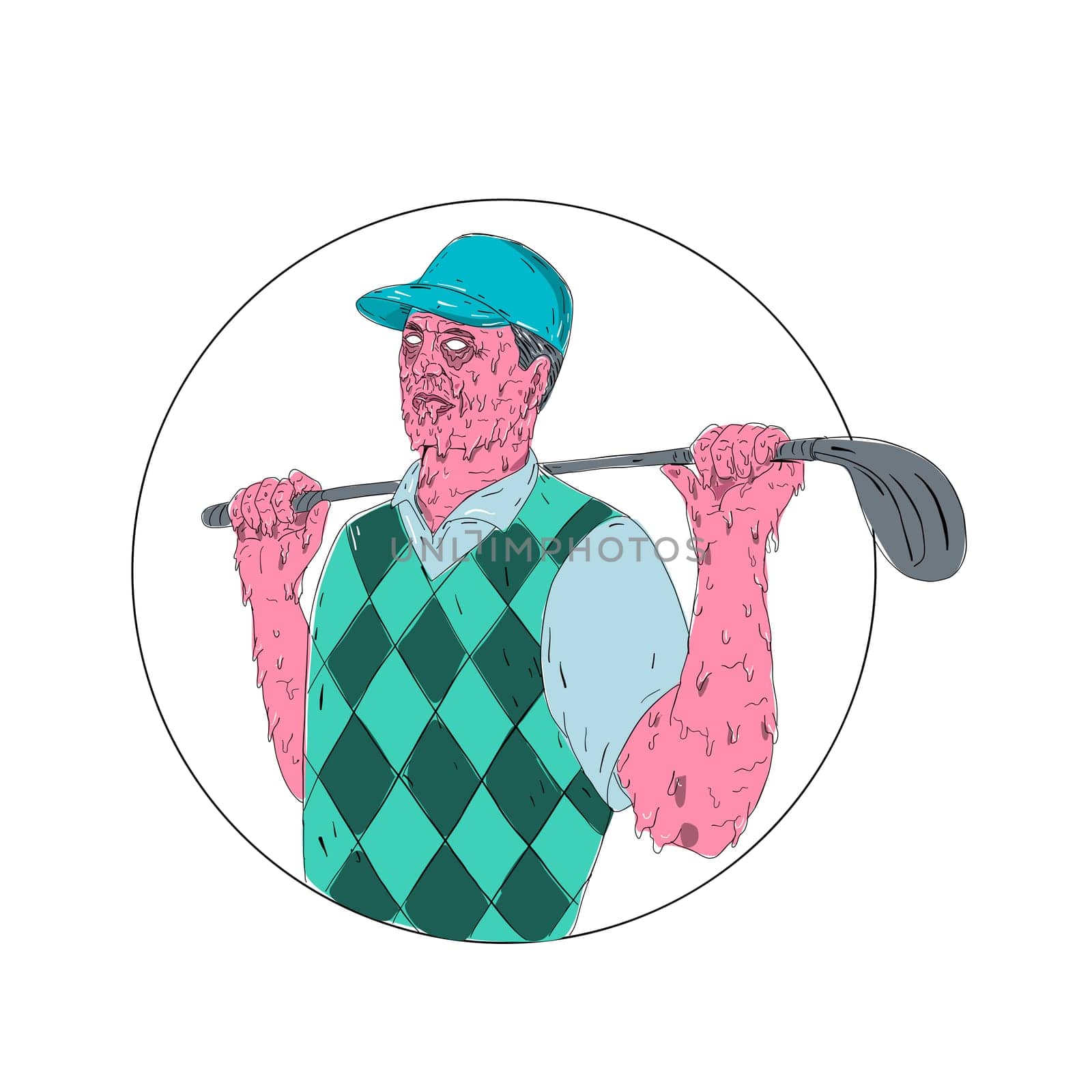 Grime art style illustration of a Golfer wearing vest holding Golf Club on shoulder set inside Circle on isolated background.