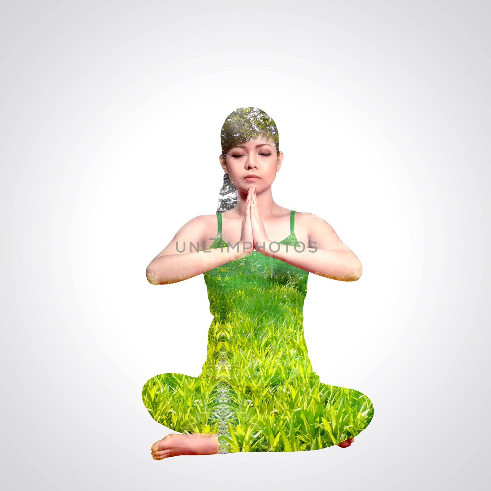Asian woman doing yoga with double exposure concept