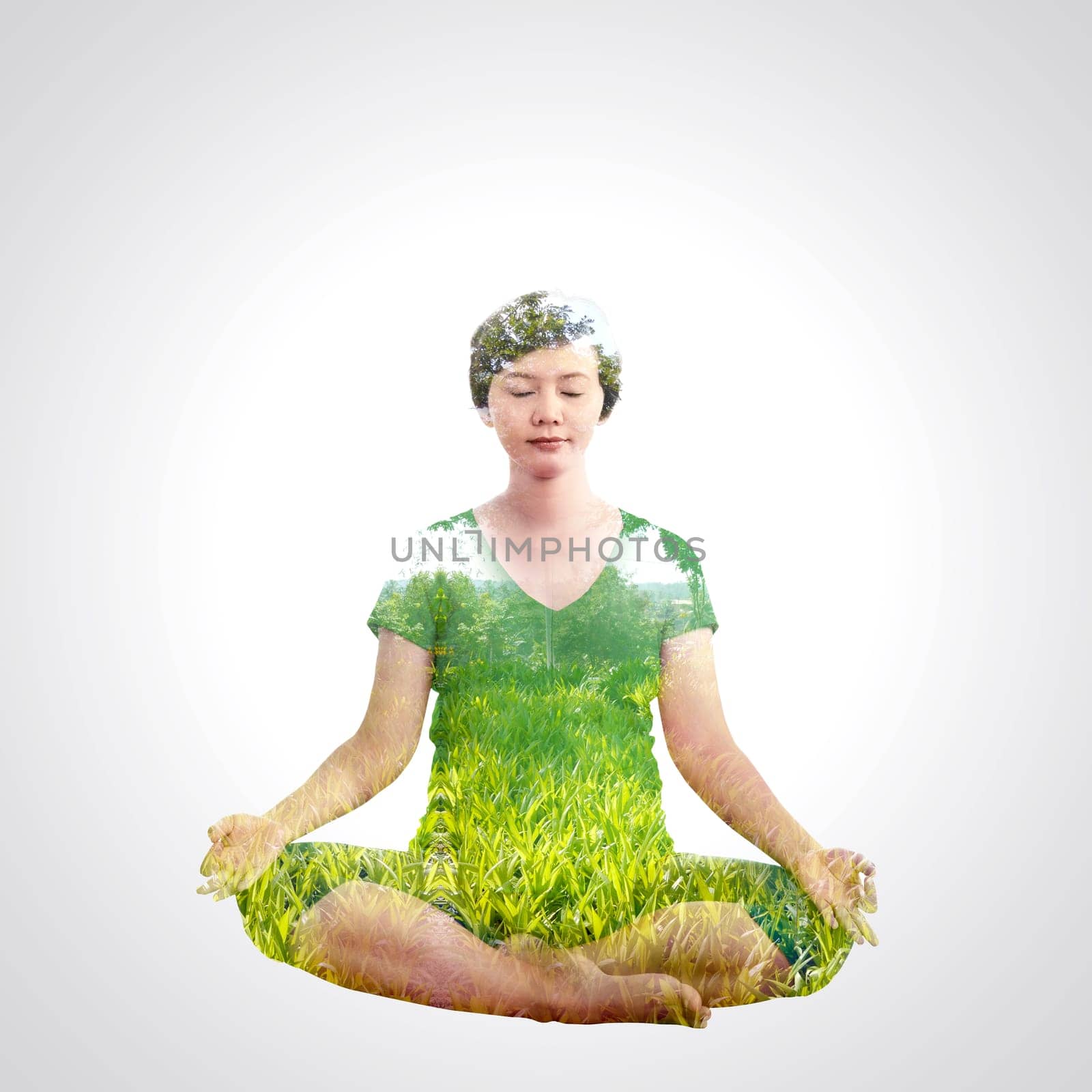 Asian pregnant woman doing yoga with double exposure concept.