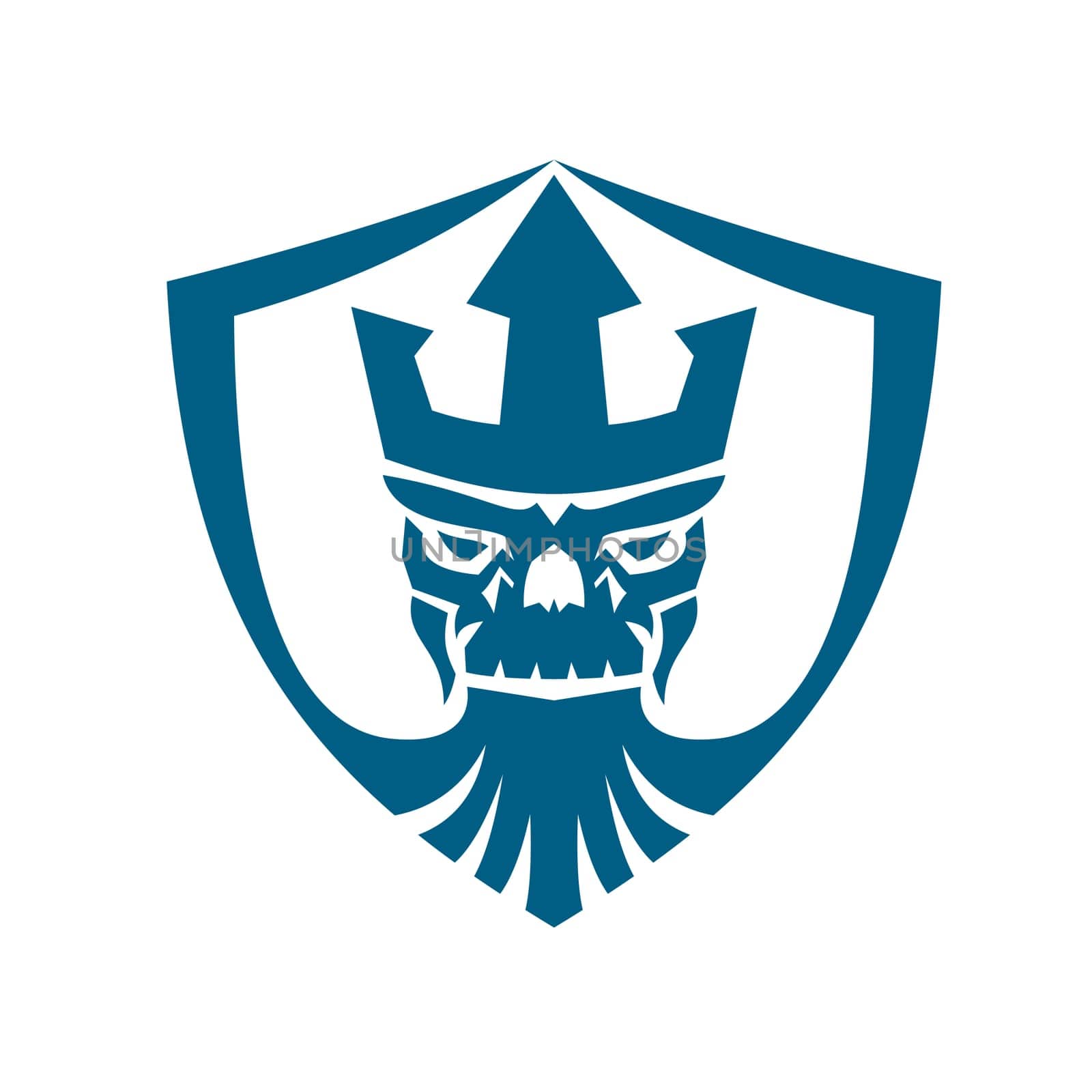 Icon style illustration of Skull of Neptune wearing Trident Crown with beard set inside Crest shield on isolated background.