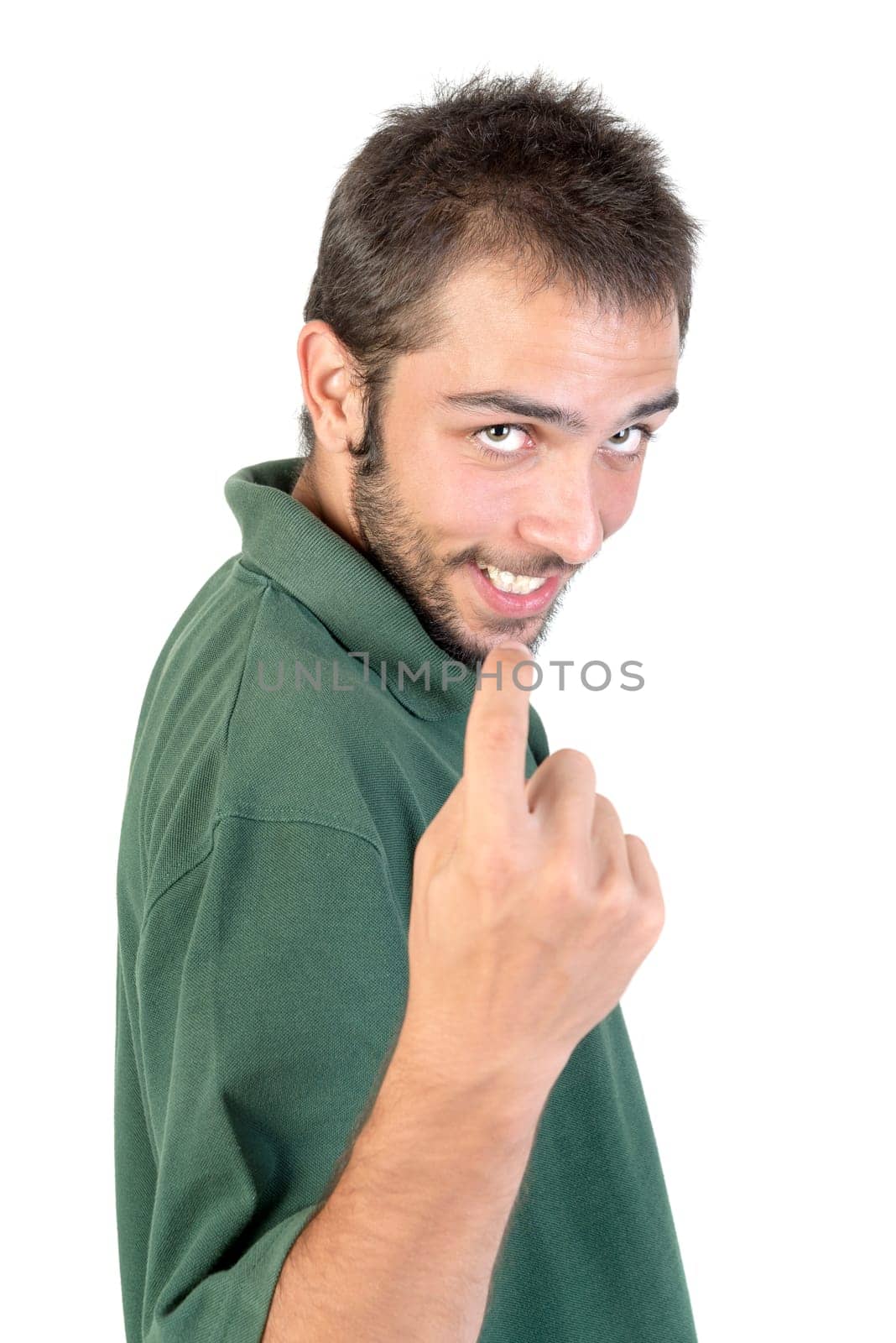 young man making creepy faces isolated in white