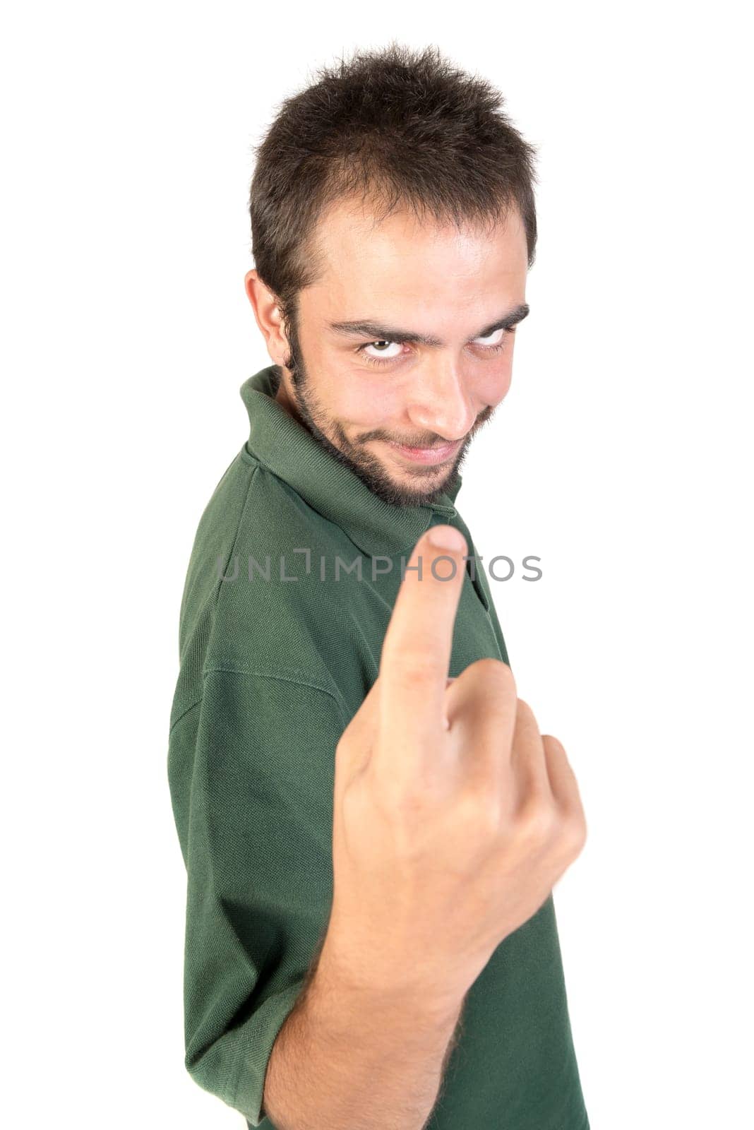 young man making creepy faces isolated in white