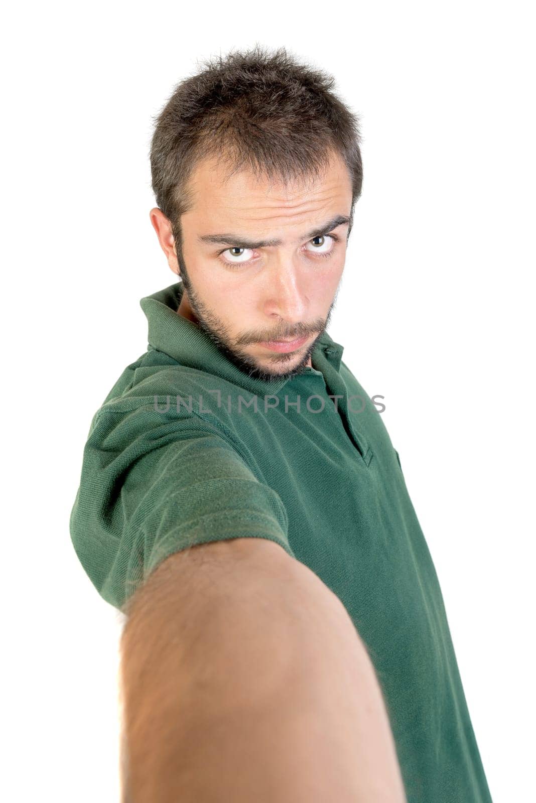 young man making funny faces isolated in white