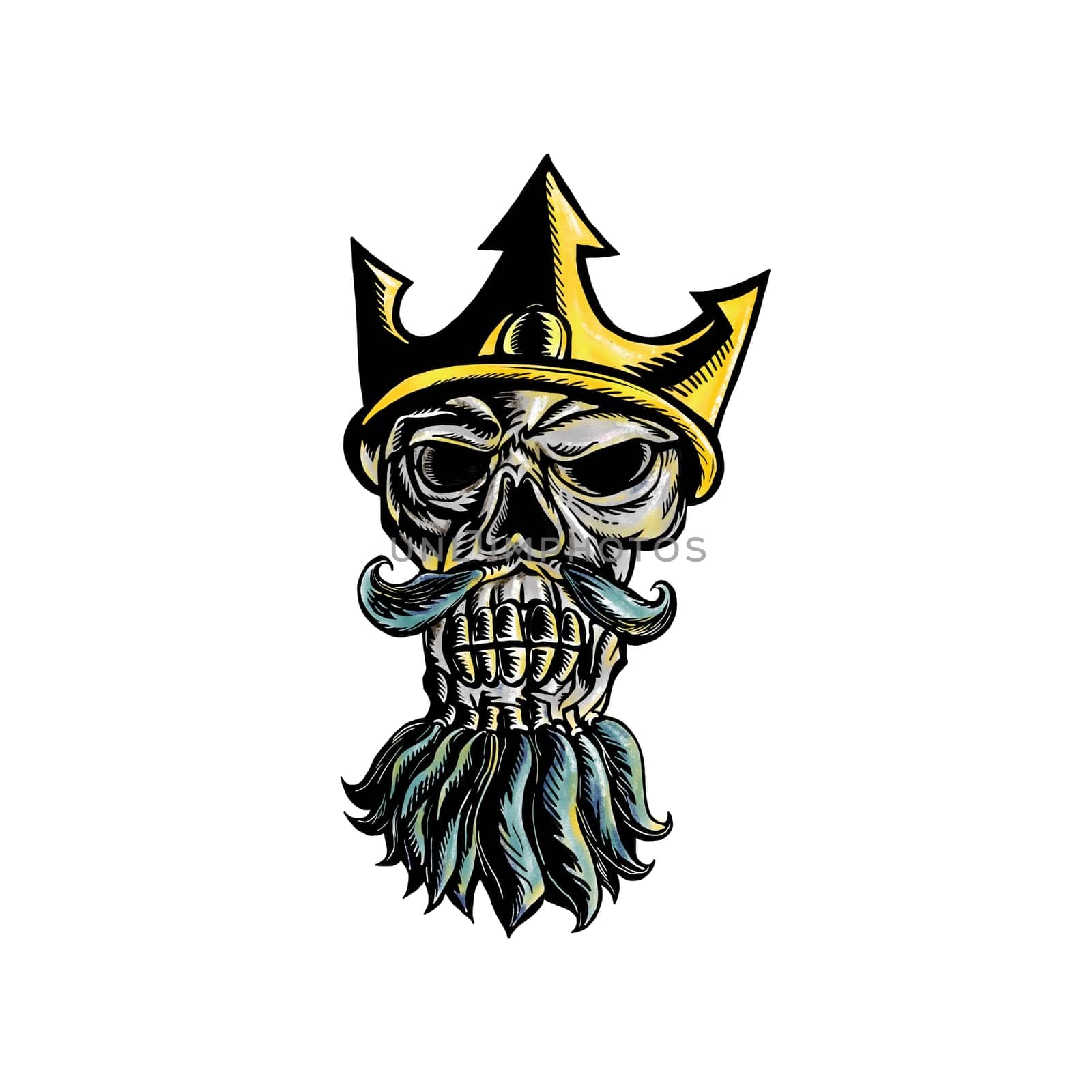 Woodcut style illustration of skull  head of Neptune, Poseidon or Triton wearing a trident crown with flowing beard front view on isolated background.