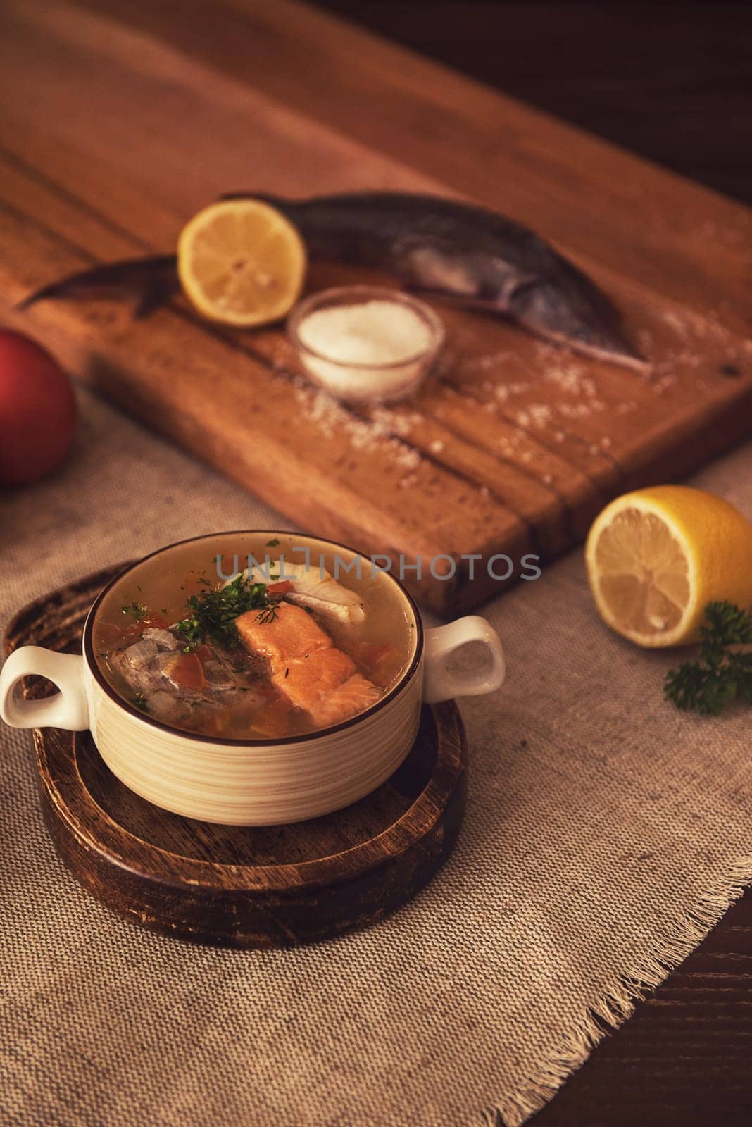 Tasty fish soup - ukha, soup from different fishes and vegetables
