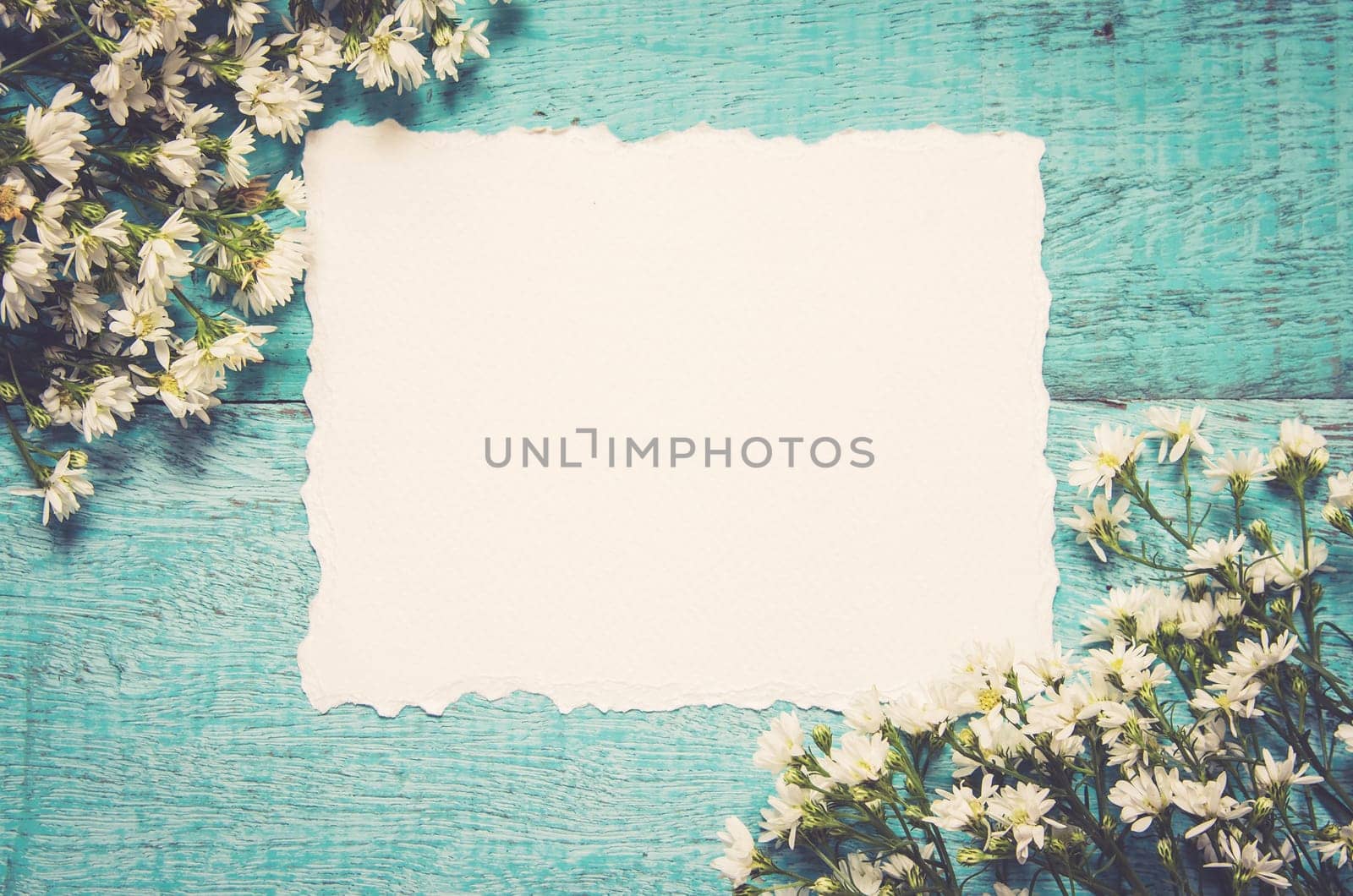 White flowers and paper card on blue wooden background. Festive greeting card top with copy space, flat lay. Vintage tone filter.