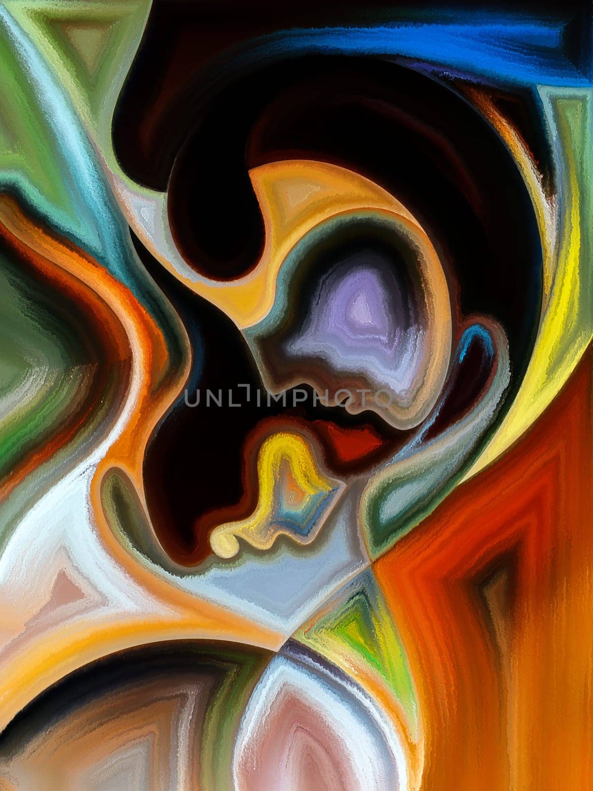 Inner Dialog series. Artistic background made of human profiles and vivid paint shapes for use with projects on emotions, relationships, human drama, spirituality and design