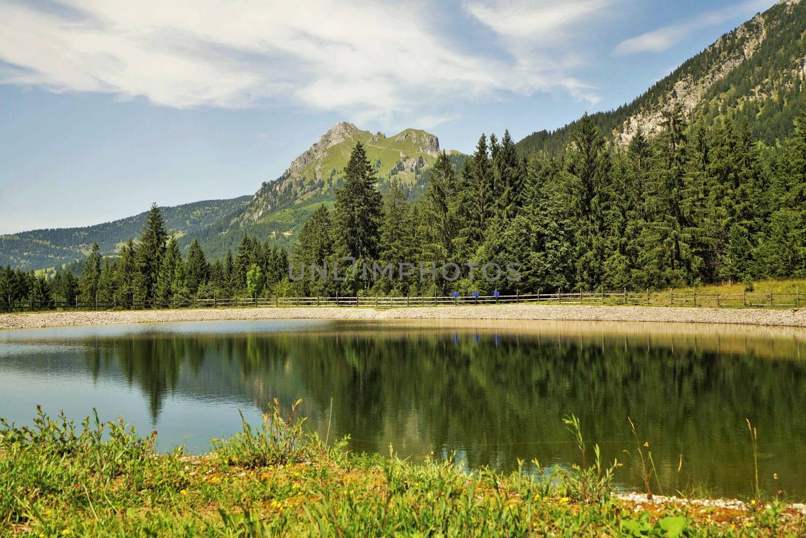 Alpine landscape in summer,in the foreground a storage pond