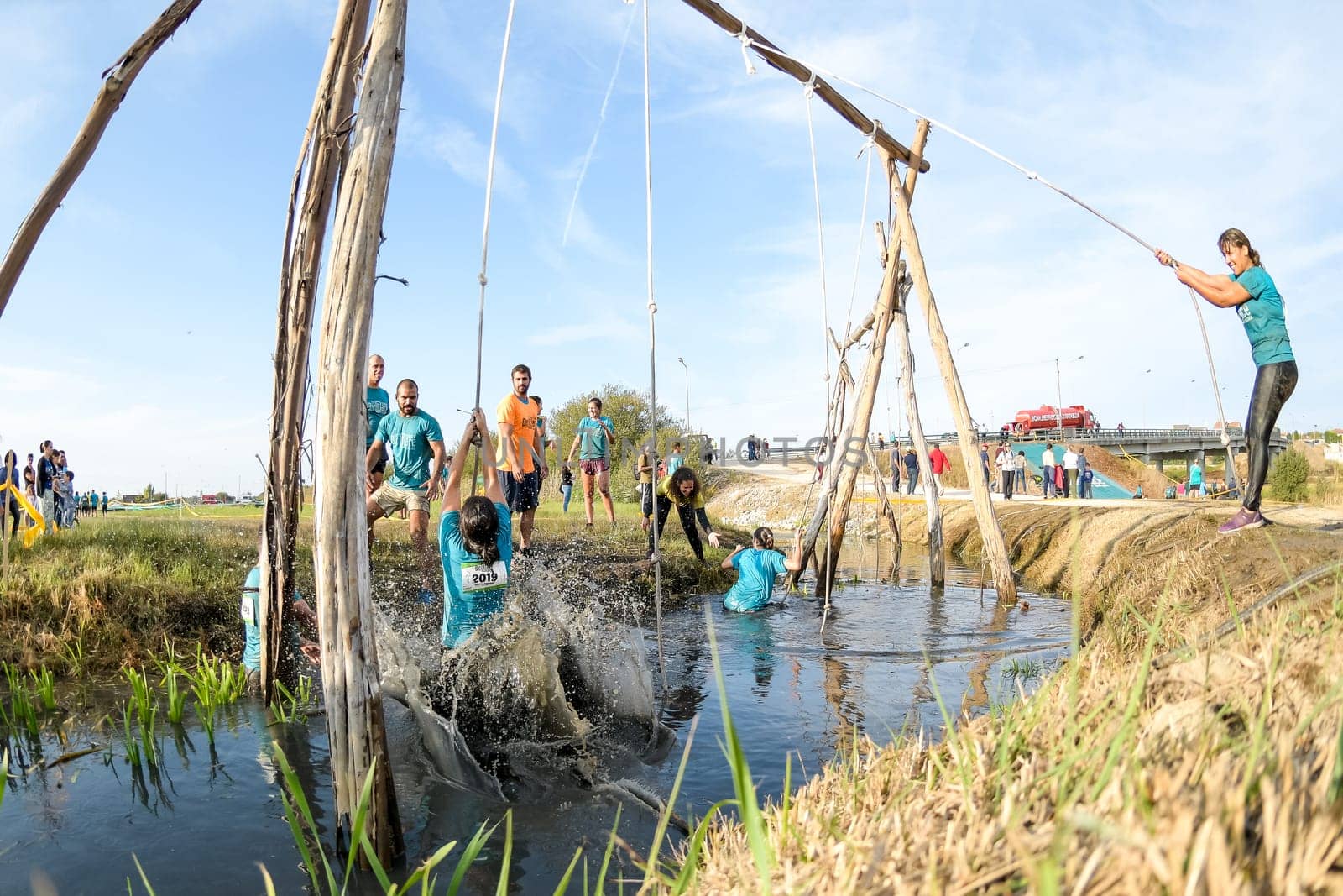 ESTARREJA, PORTUGAL - SEPTEMBER 23: Athletes go through mud and water at the Biorace on september 23, 2017 in Estarreja, Portugal.