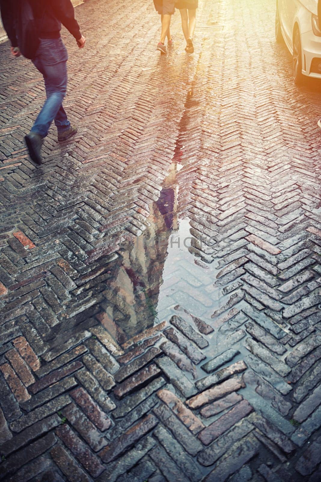 street after heavy rain,motion blur people.