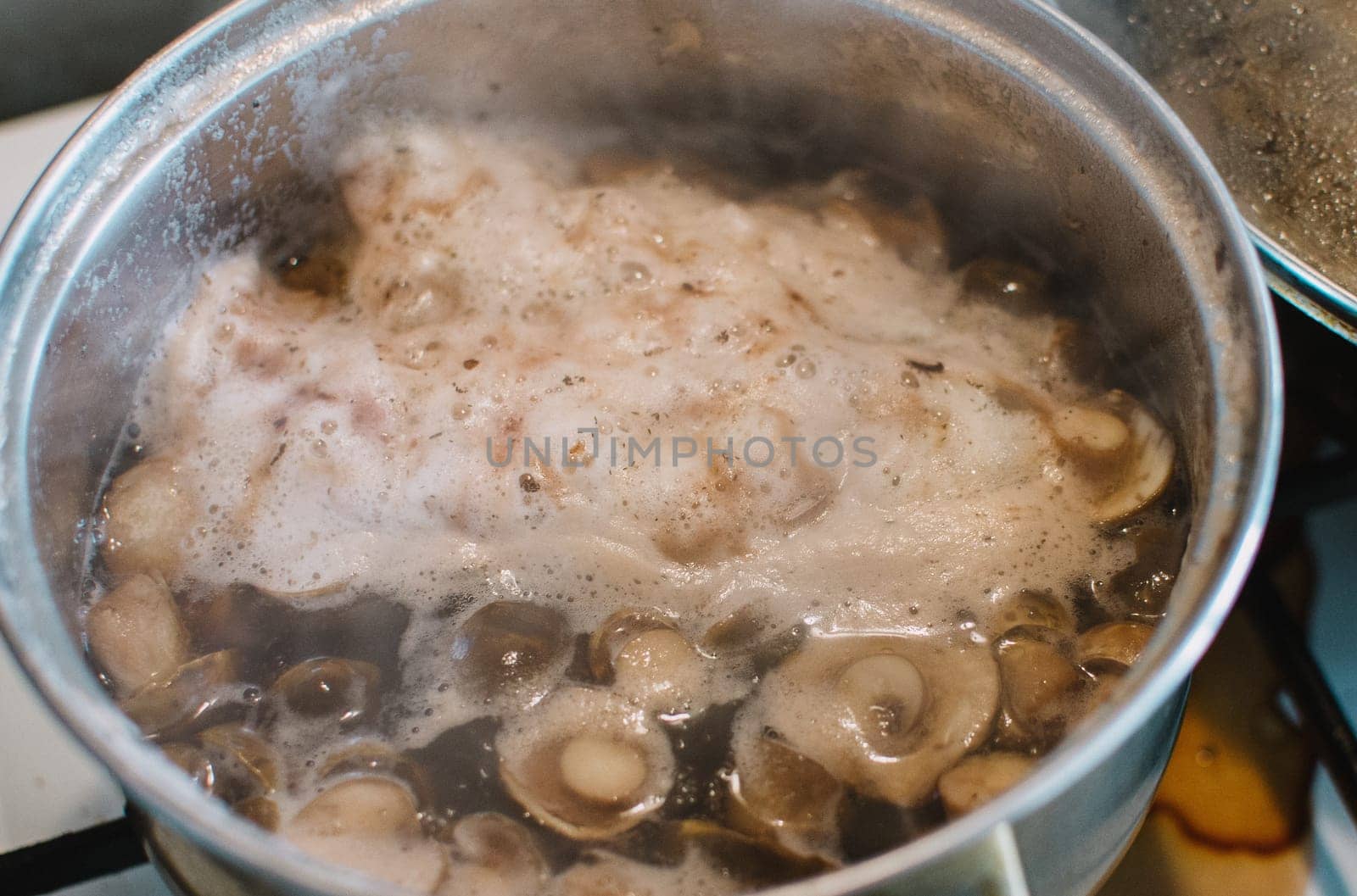 close up on bay bolete (imleria badia) on pot,cooking