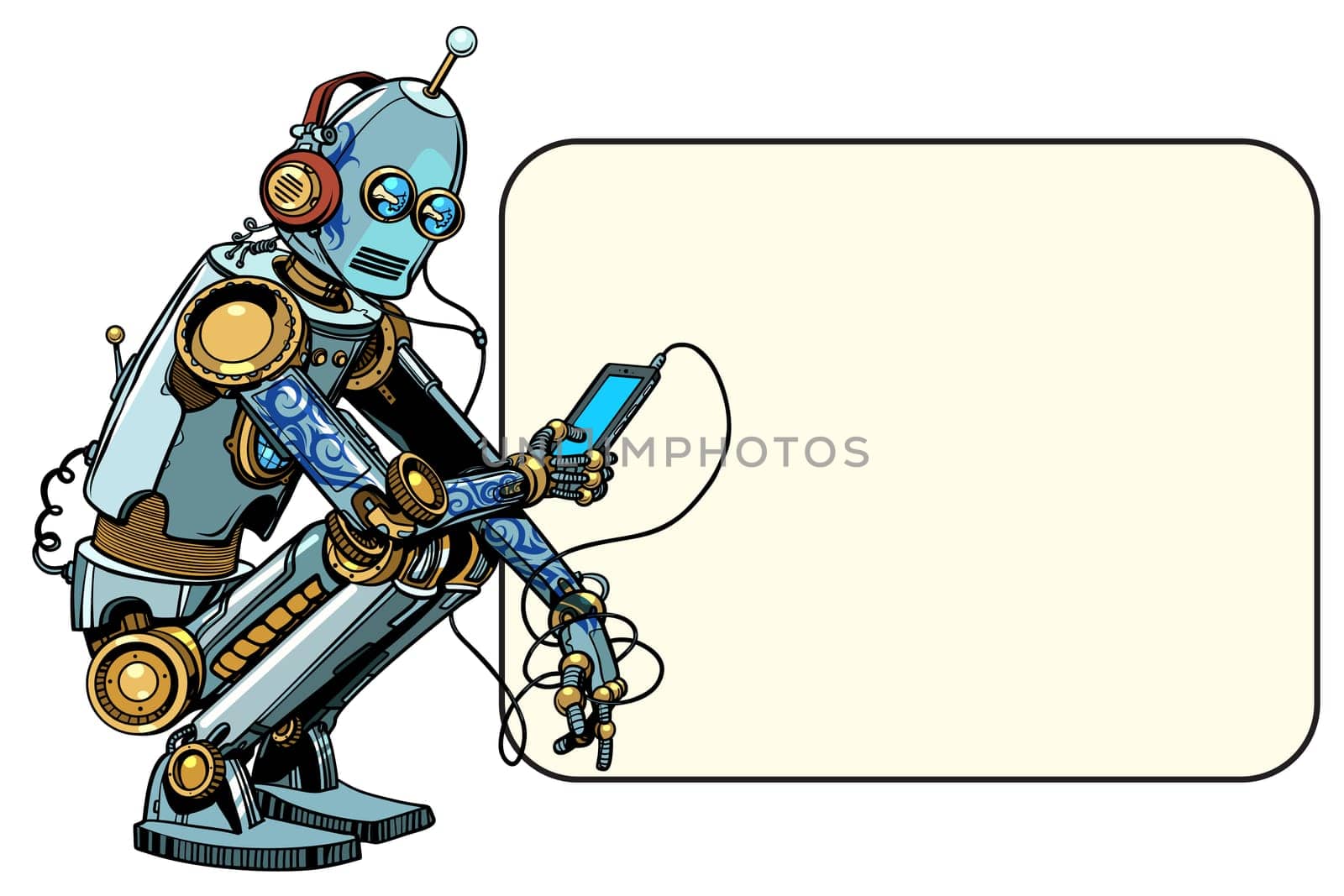 robot sits with the phone. Smartphone and new technologies. Pop art retro vector illustration