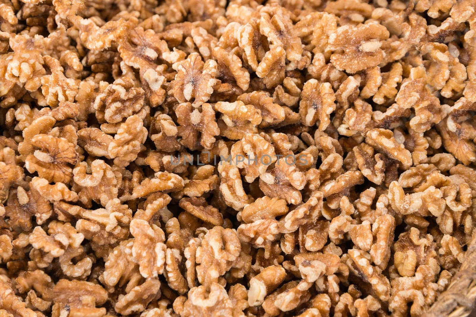 Close up shelled walnuts on market. top view