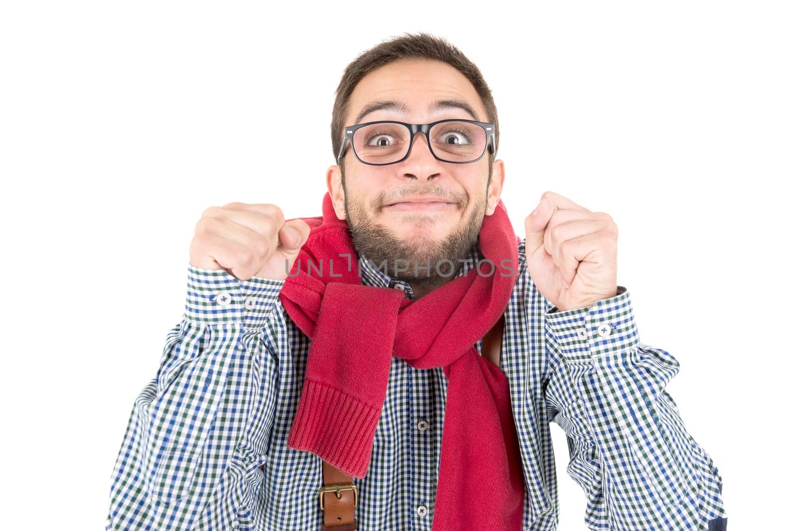 Young happy nerd posing isolated in a white background
