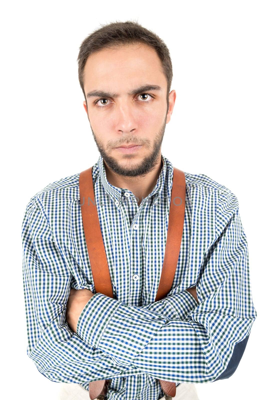 Angry nerd posing isolated in a white background