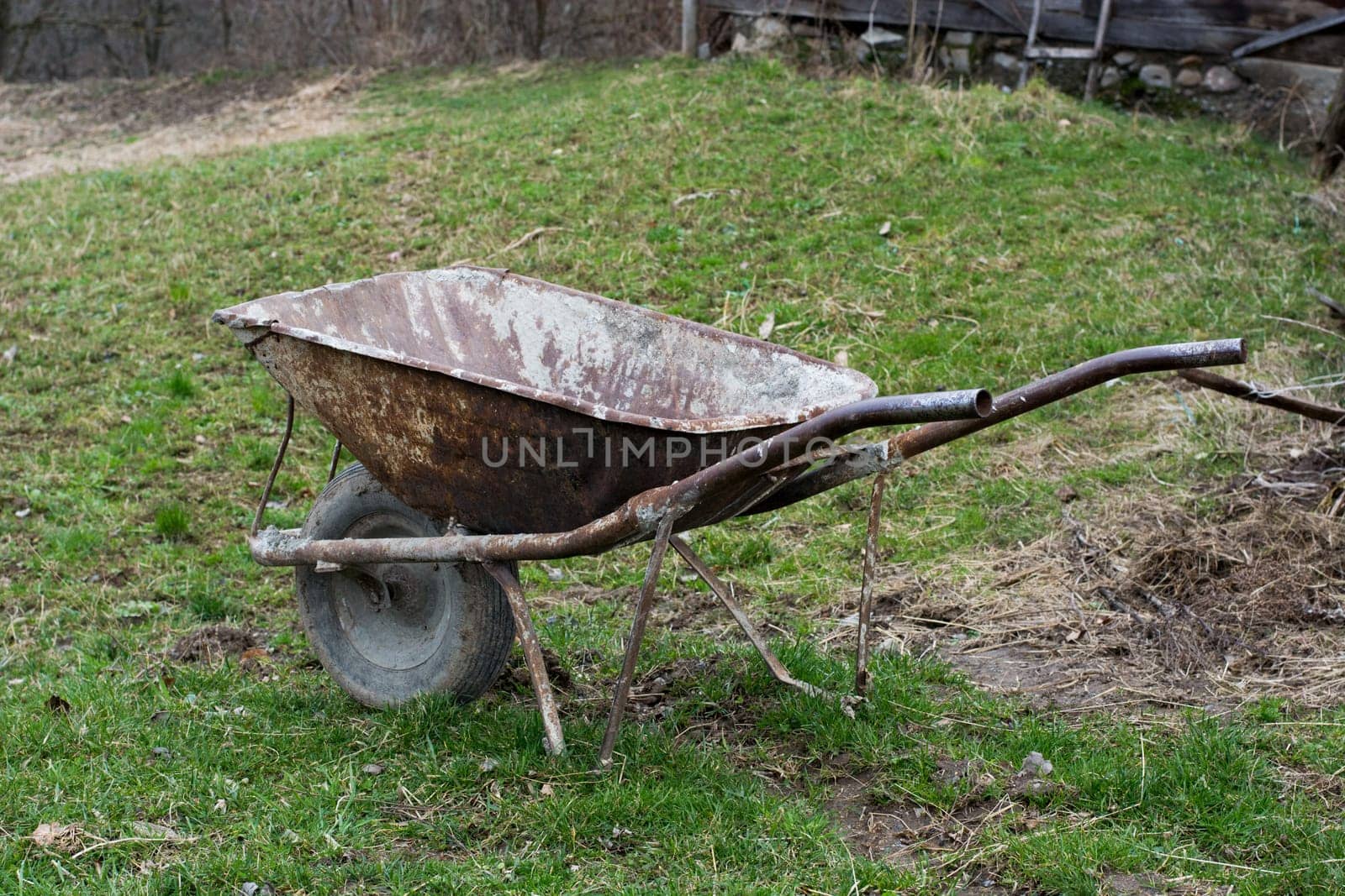 Old and well used rusty wheelbarrow in a village garden.