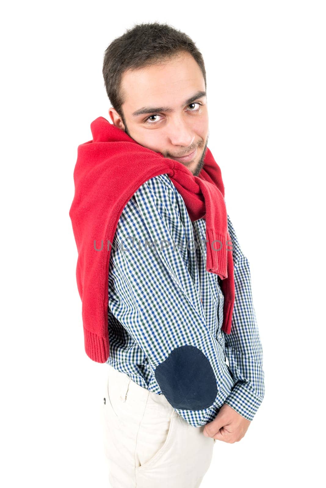 Young in love nerd posing isolated in a white background